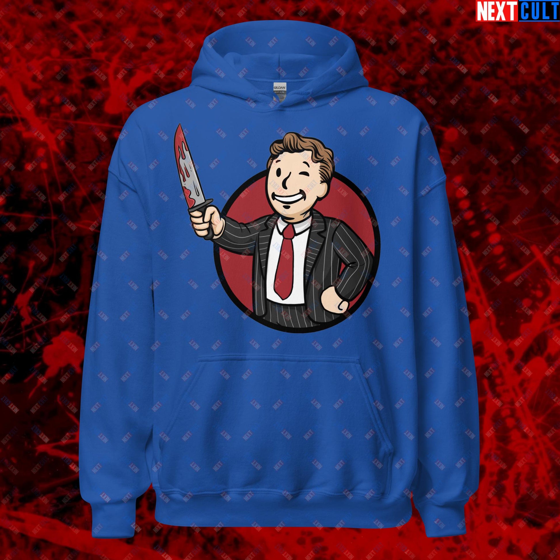 Psycho Boy American Psycho Vault Boy Fallout Funny Meme Cartoon Mashup Unisex Hoodie Royal Hoodies American Psycho Christian Bale Fallout Movies Vault Boy Next Cult Brand