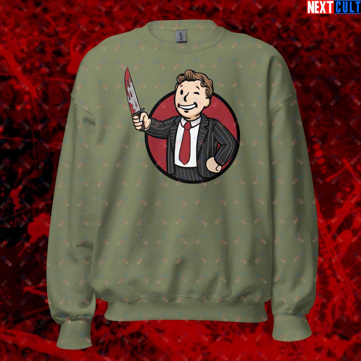 Psycho Boy American Psycho Vault Boy Fallout Funny Meme Cartoon Mashup Unisex Sweatshirt Military Green Sweatshirts American Psycho Christian Bale Fallout Movies Vault Boy Next Cult Brand