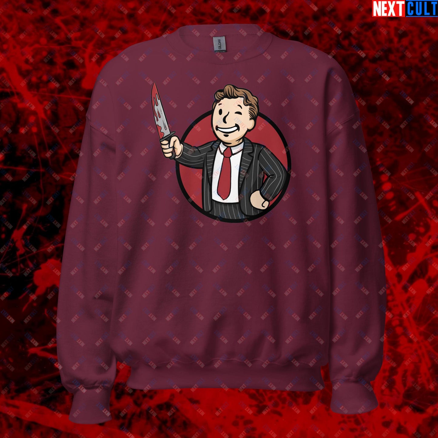 Psycho Boy American Psycho Vault Boy Fallout Funny Meme Cartoon Mashup Unisex Sweatshirt Maroon Sweatshirts American Psycho Christian Bale Fallout Movies Vault Boy Next Cult Brand