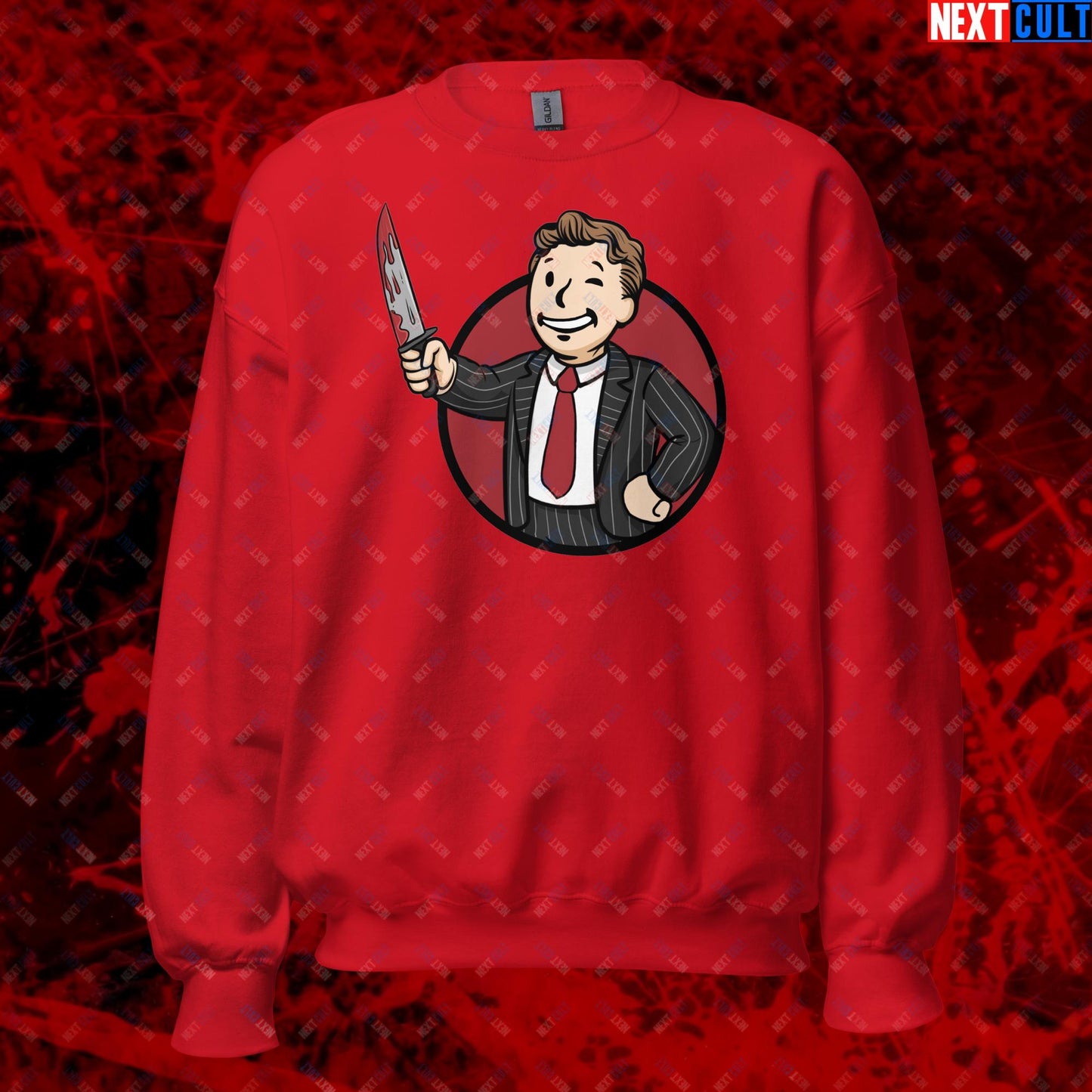 Psycho Boy American Psycho Vault Boy Fallout Funny Meme Cartoon Mashup Unisex Sweatshirt Red Sweatshirts American Psycho Christian Bale Fallout Movies Vault Boy Next Cult Brand