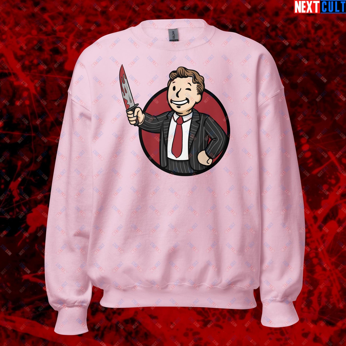 Psycho Boy American Psycho Vault Boy Fallout Funny Meme Cartoon Mashup Unisex Sweatshirt Light Pink Sweatshirts American Psycho Christian Bale Fallout Movies Vault Boy Next Cult Brand