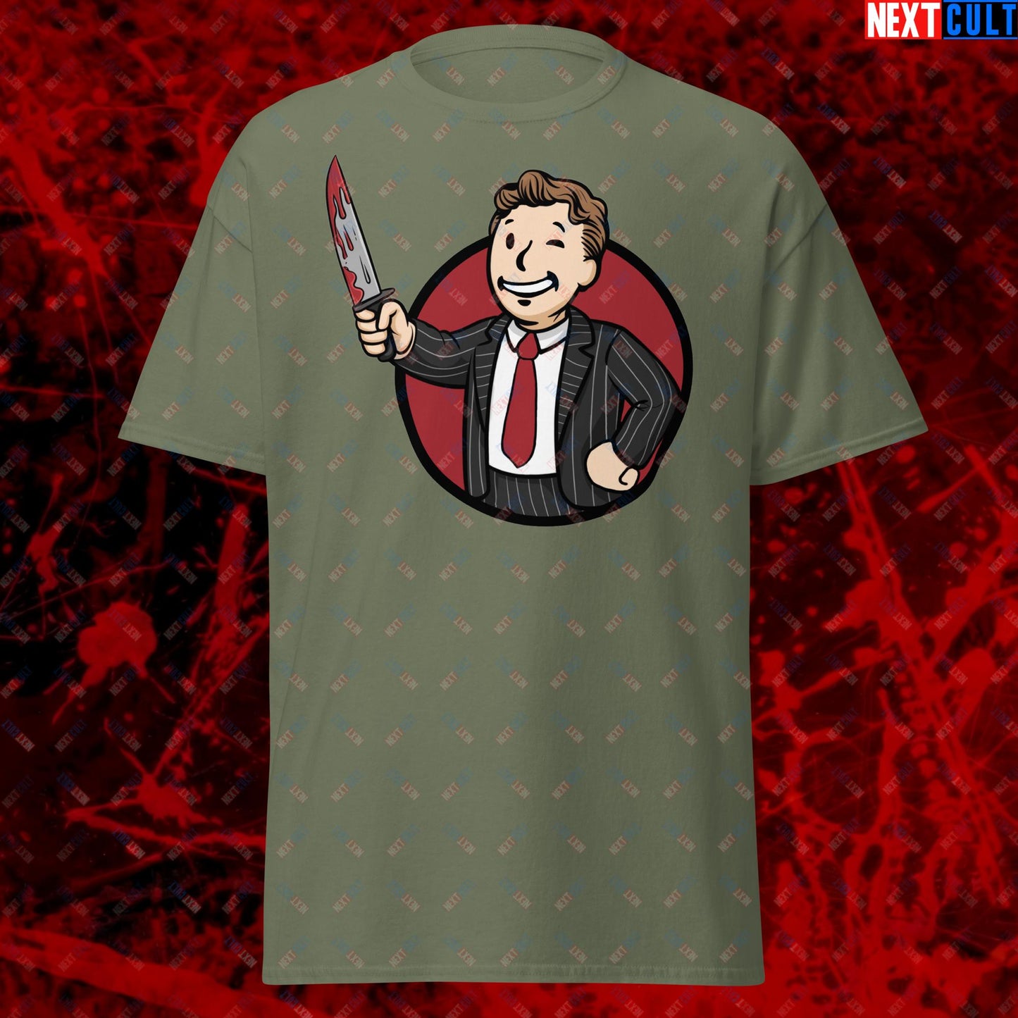 Psycho Boy American Psycho Vault Boy Fallout Funny Meme Cartoon Mashup Unisex classic tee Military Green T-shirts American Psycho Christian Bale Fallout Movies Vault Boy Next Cult Brand