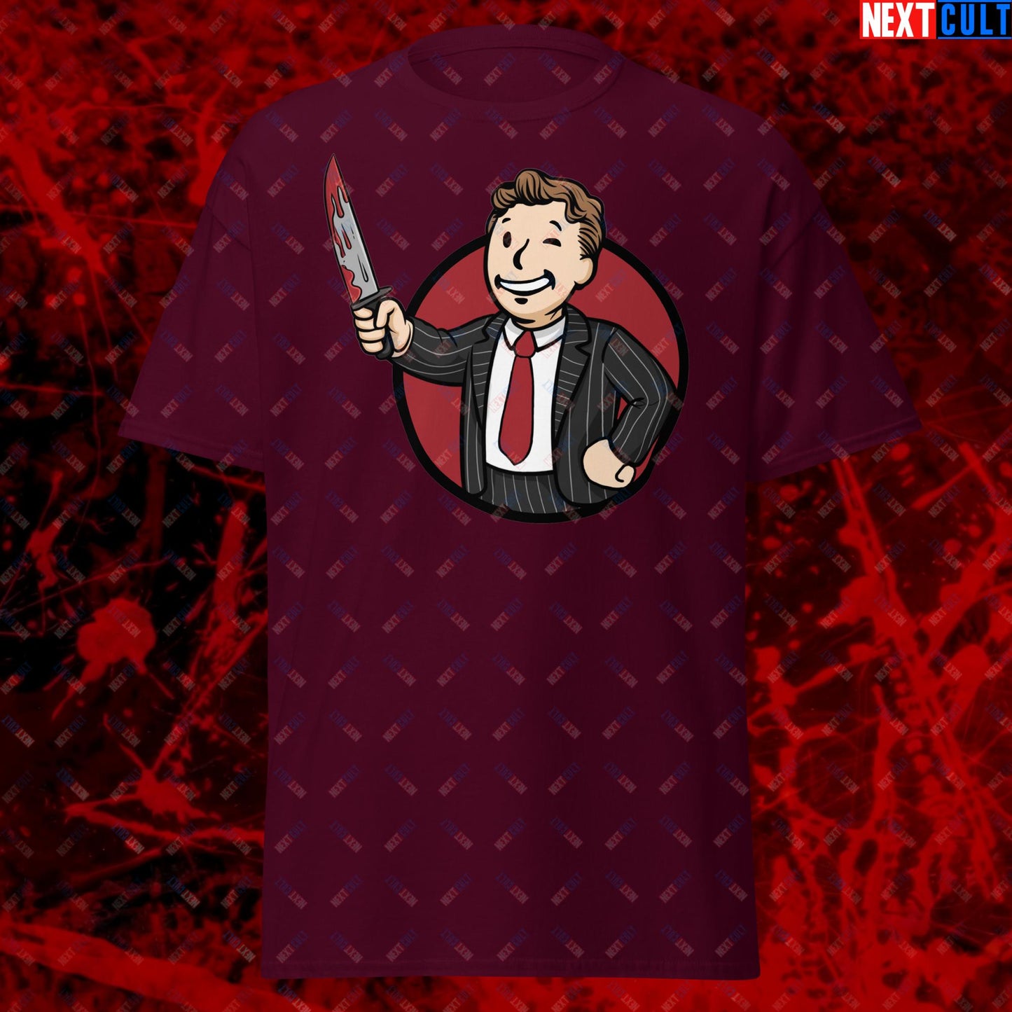 Psycho Boy American Psycho Vault Boy Fallout Funny Meme Cartoon Mashup Unisex classic tee Maroon T-shirts American Psycho Christian Bale Fallout Movies Vault Boy Next Cult Brand