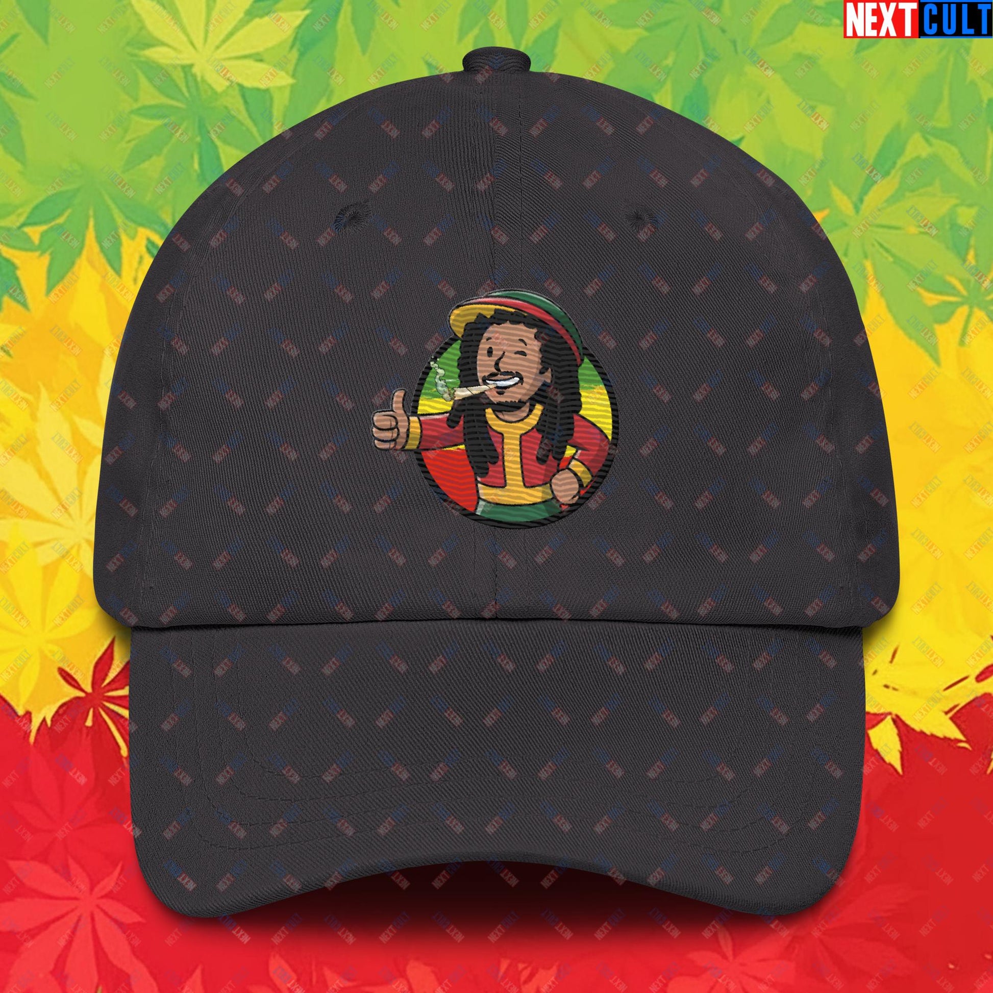 Rasta Boy Bob Marley Reggae Music Vault Boy Fallout Funny Meme Cartoon Mashup Dad hat Dark Grey Hats Bob Marley Fallout Music Vault Boy Next Cult Brand