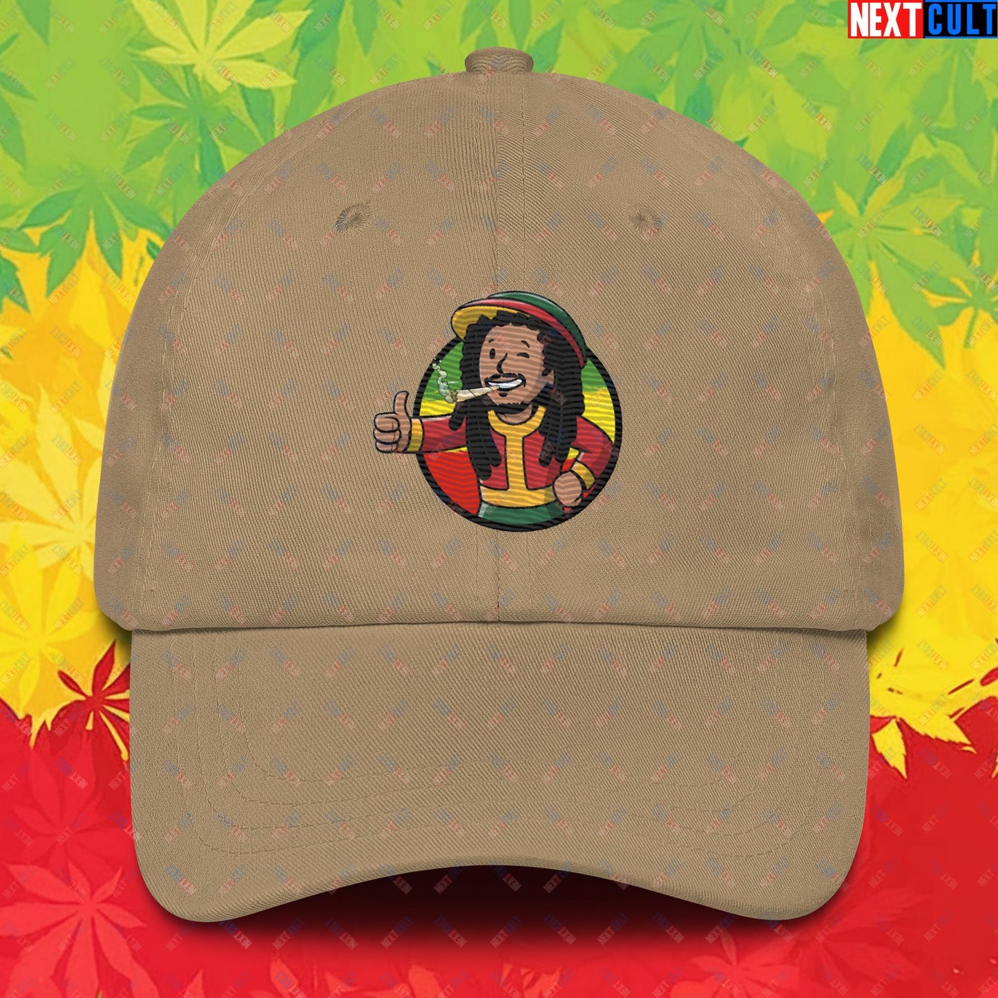 Rasta Boy Bob Marley Reggae Music Vault Boy Fallout Funny Meme Cartoon Mashup Dad hat Khaki Hats Bob Marley Fallout Music Vault Boy Next Cult Brand