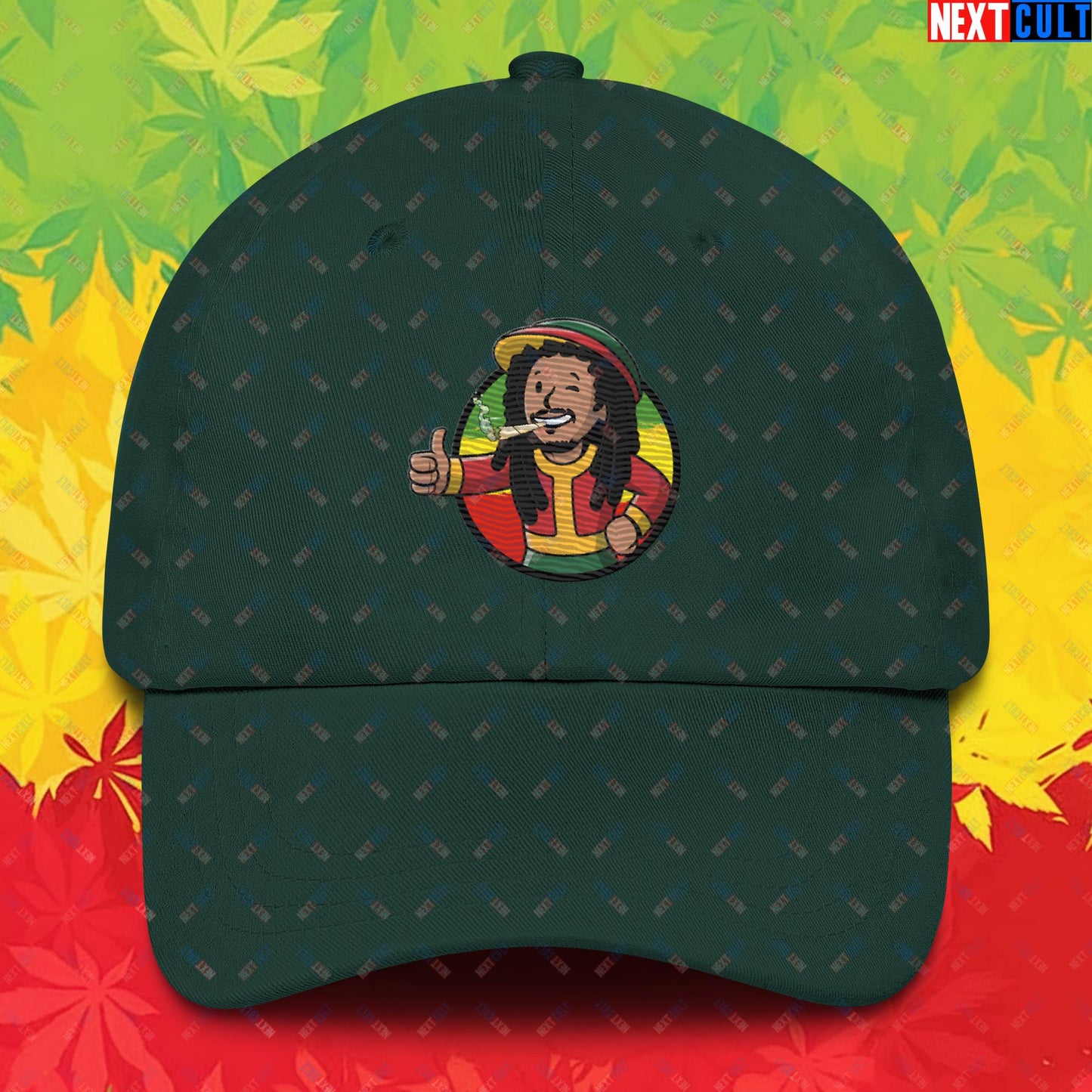 Rasta Boy Bob Marley Reggae Music Vault Boy Fallout Funny Meme Cartoon Mashup Dad hat Spruce Hats Bob Marley Fallout Music Vault Boy Next Cult Brand