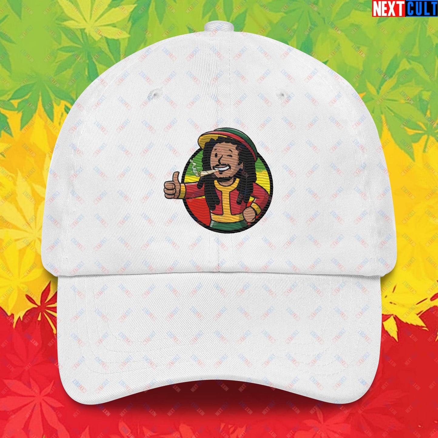 Rasta Boy Bob Marley Reggae Music Vault Boy Fallout Funny Meme Cartoon Mashup Dad hat White Hats Bob Marley Fallout Music Vault Boy Next Cult Brand