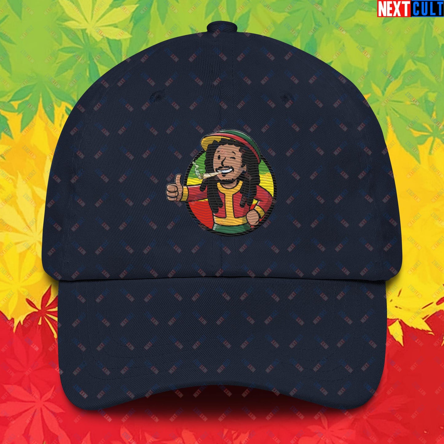 Rasta Boy Bob Marley Reggae Music Vault Boy Fallout Funny Meme Cartoon Mashup Dad hat Navy Hats Bob Marley Fallout Music Vault Boy Next Cult Brand