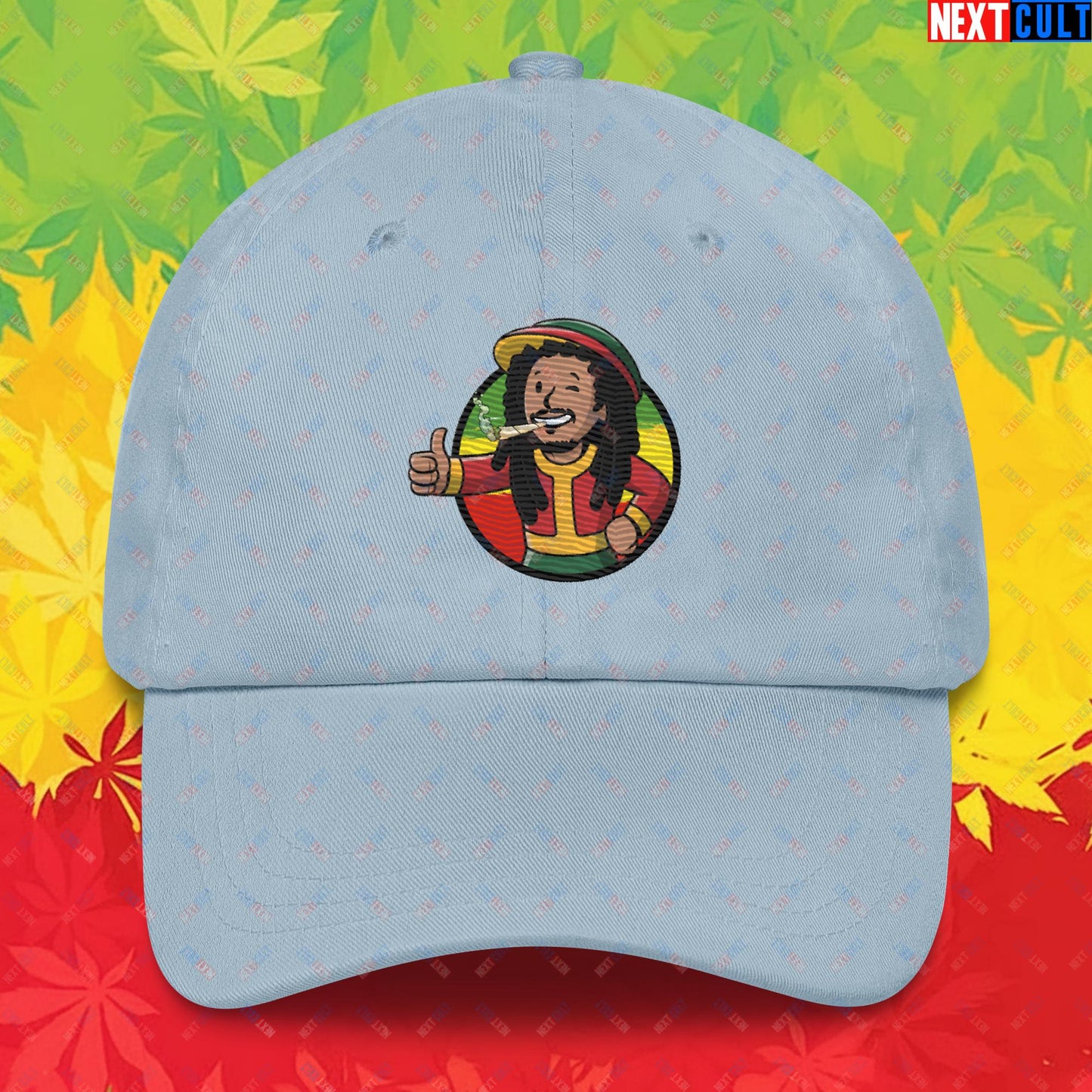 Rasta Boy Bob Marley Reggae Music Vault Boy Fallout Funny Meme Cartoon Mashup Dad hat Light Blue Hats Bob Marley Fallout Music Vault Boy Next Cult Brand