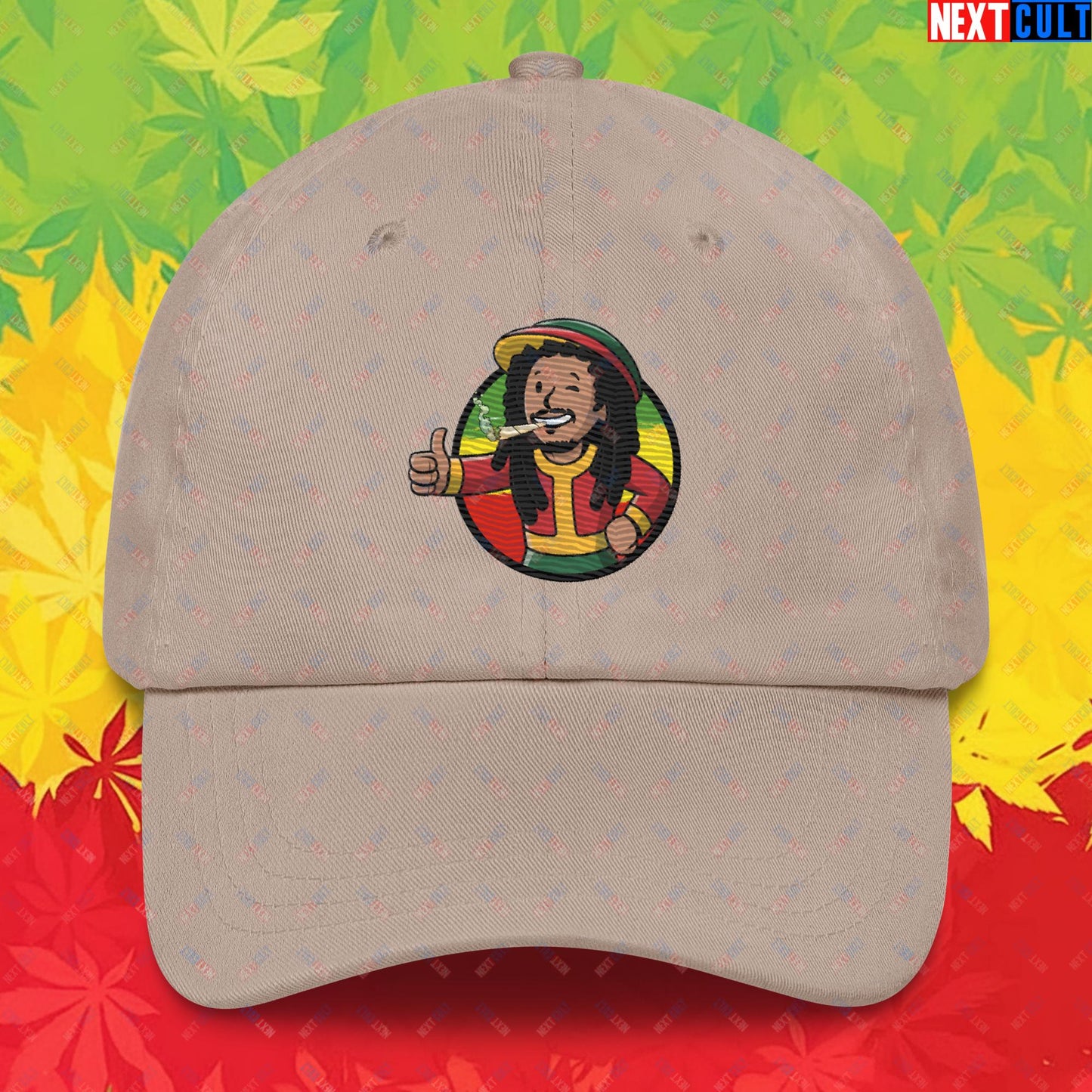 Rasta Boy Bob Marley Reggae Music Vault Boy Fallout Funny Meme Cartoon Mashup Dad hat Stone Hats Bob Marley Fallout Music Vault Boy Next Cult Brand