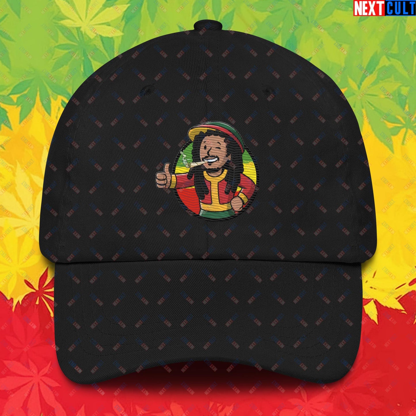 Rasta Boy Bob Marley Reggae Music Vault Boy Fallout Funny Meme Cartoon Mashup Dad hat Black Hats Bob Marley Fallout Music Vault Boy Next Cult Brand