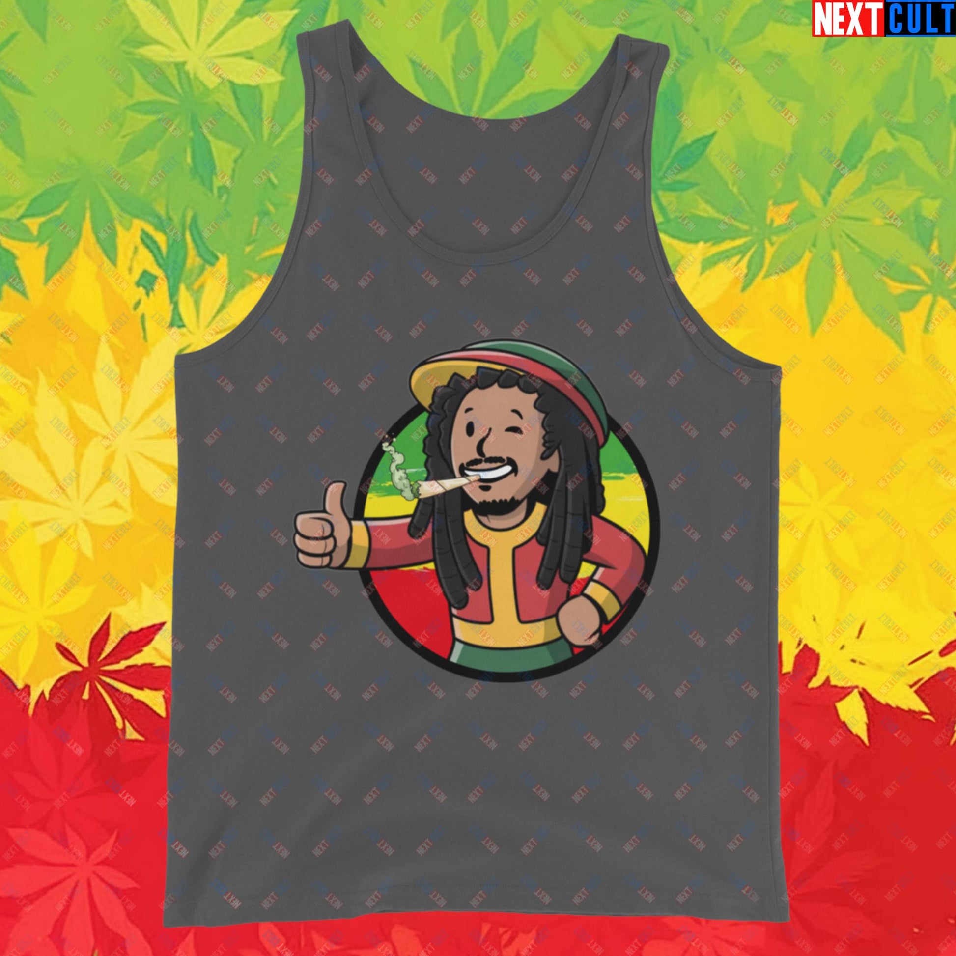 Rasta Boy Bob Marley Reggae Music Vault Boy Fallout Funny Meme Cartoon Mashup Tank Top Asphalt Tank Tops Bob Marley Fallout Music Vault Boy Next Cult Brand