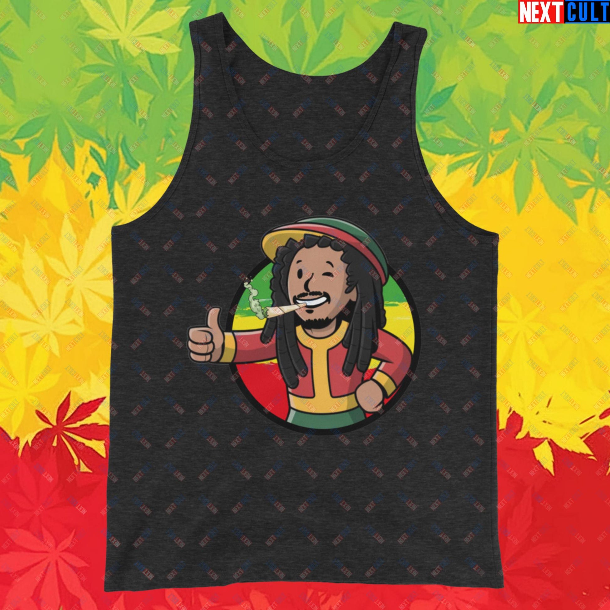 Rasta Boy Bob Marley Reggae Music Vault Boy Fallout Funny Meme Cartoon Mashup Tank Top Charcoal-Black Triblend Tank Tops Bob Marley Fallout Music Vault Boy Next Cult Brand