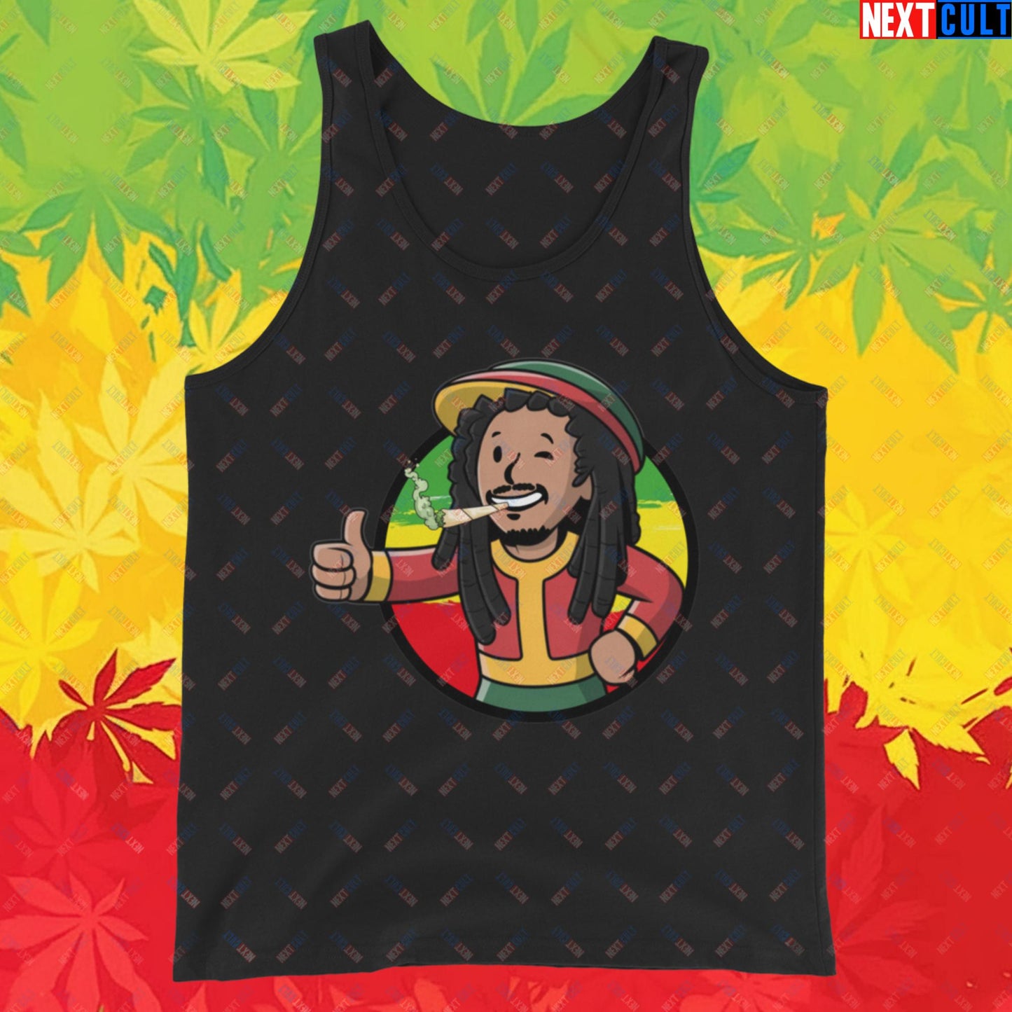 Rasta Boy Bob Marley Reggae Music Vault Boy Fallout Funny Meme Cartoon Mashup Tank Top Black Tank Tops Bob Marley Fallout Music Vault Boy Next Cult Brand