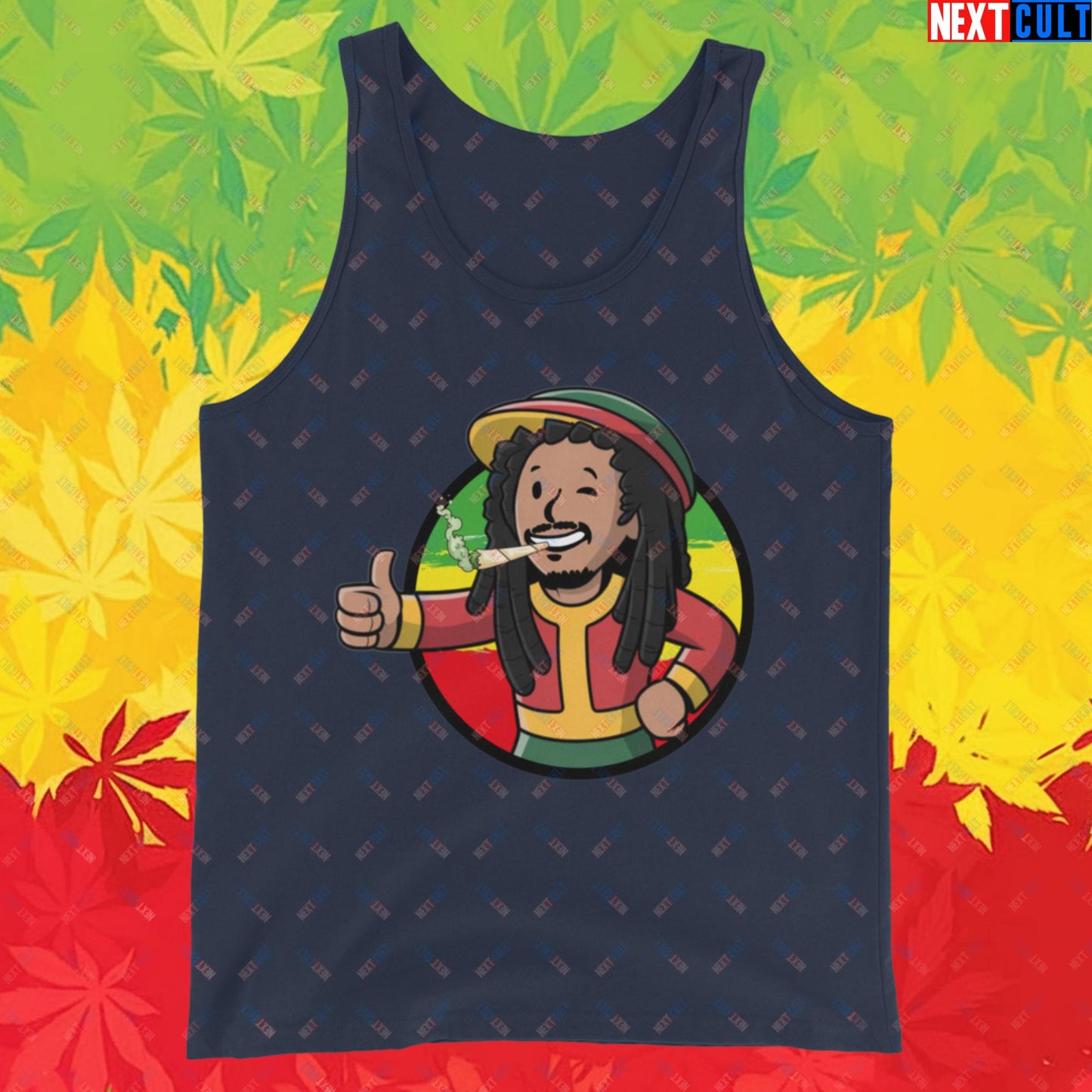 Rasta Boy Bob Marley Reggae Music Vault Boy Fallout Funny Meme Cartoon Mashup Tank Top Next Cult Brand