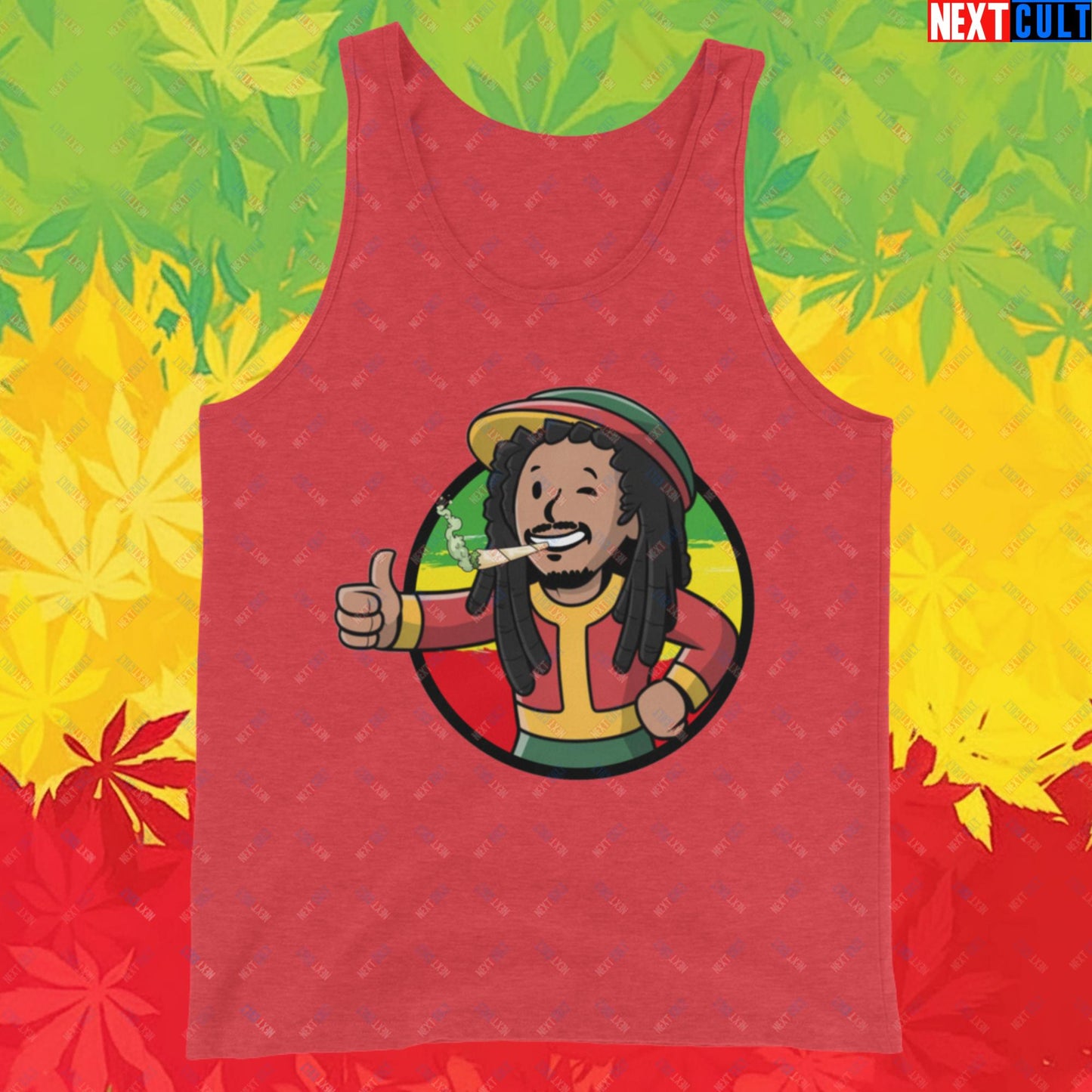 Rasta Boy Bob Marley Reggae Music Vault Boy Fallout Funny Meme Cartoon Mashup Tank Top Red Triblend Tank Tops Bob Marley Fallout Music Vault Boy Next Cult Brand