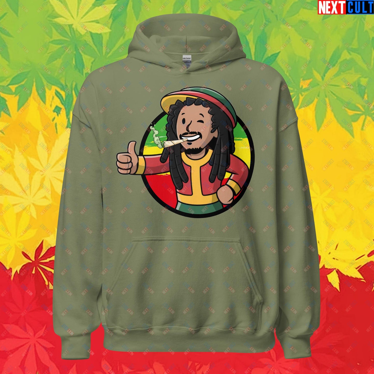 Rasta Boy Bob Marley Reggae Music Vault Boy Fallout Funny Meme Cartoon Mashup Unisex Hoodie Military Green Hoodies Bob Marley Fallout Music Vault Boy Next Cult Brand