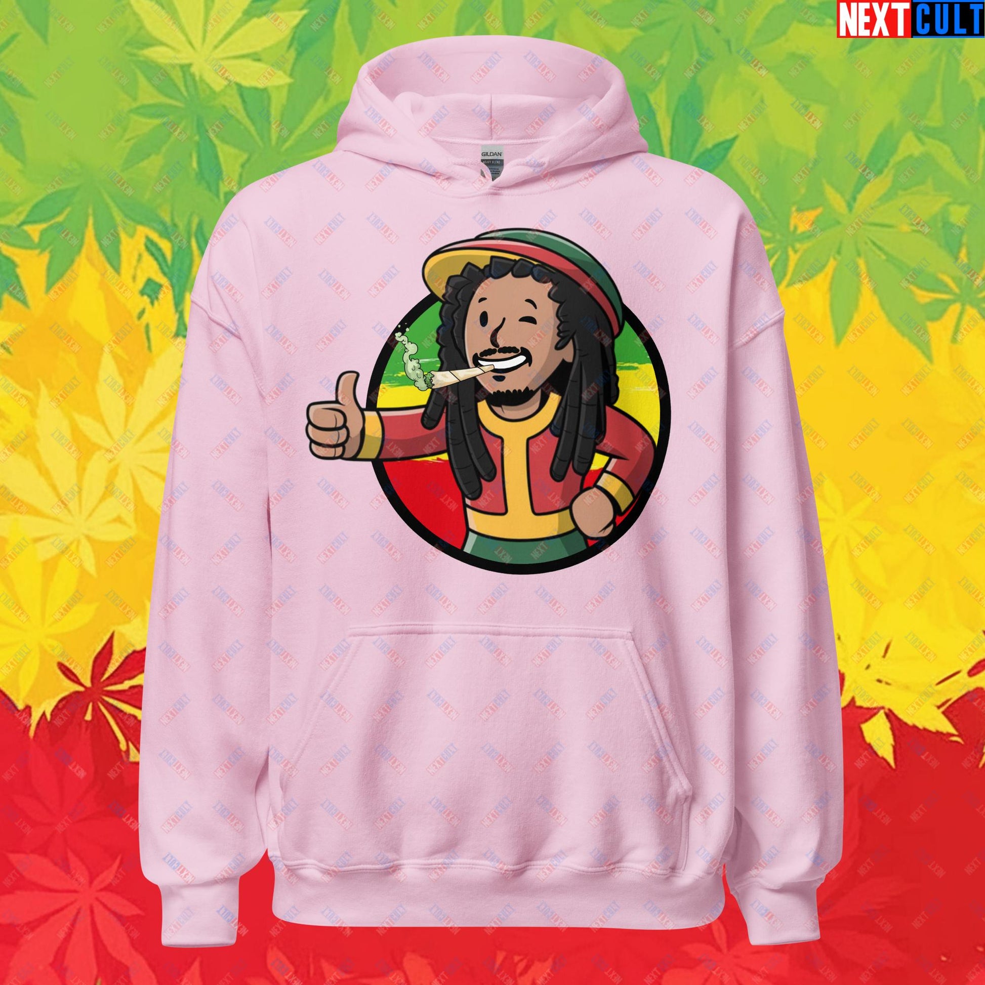 Rasta Boy Bob Marley Reggae Music Vault Boy Fallout Funny Meme Cartoon Mashup Unisex Hoodie Light Pink Hoodies Bob Marley Fallout Music Vault Boy Next Cult Brand