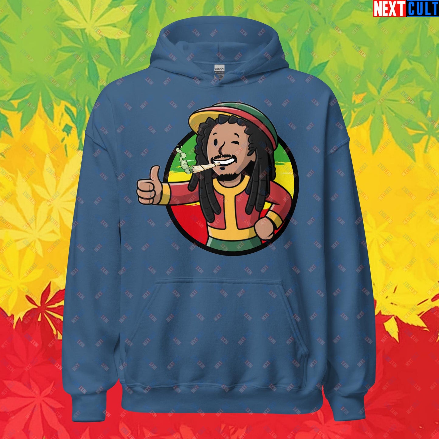 Rasta Boy Bob Marley Reggae Music Vault Boy Fallout Funny Meme Cartoon Mashup Unisex Hoodie Indigo Blue Hoodies Bob Marley Fallout Music Vault Boy Next Cult Brand