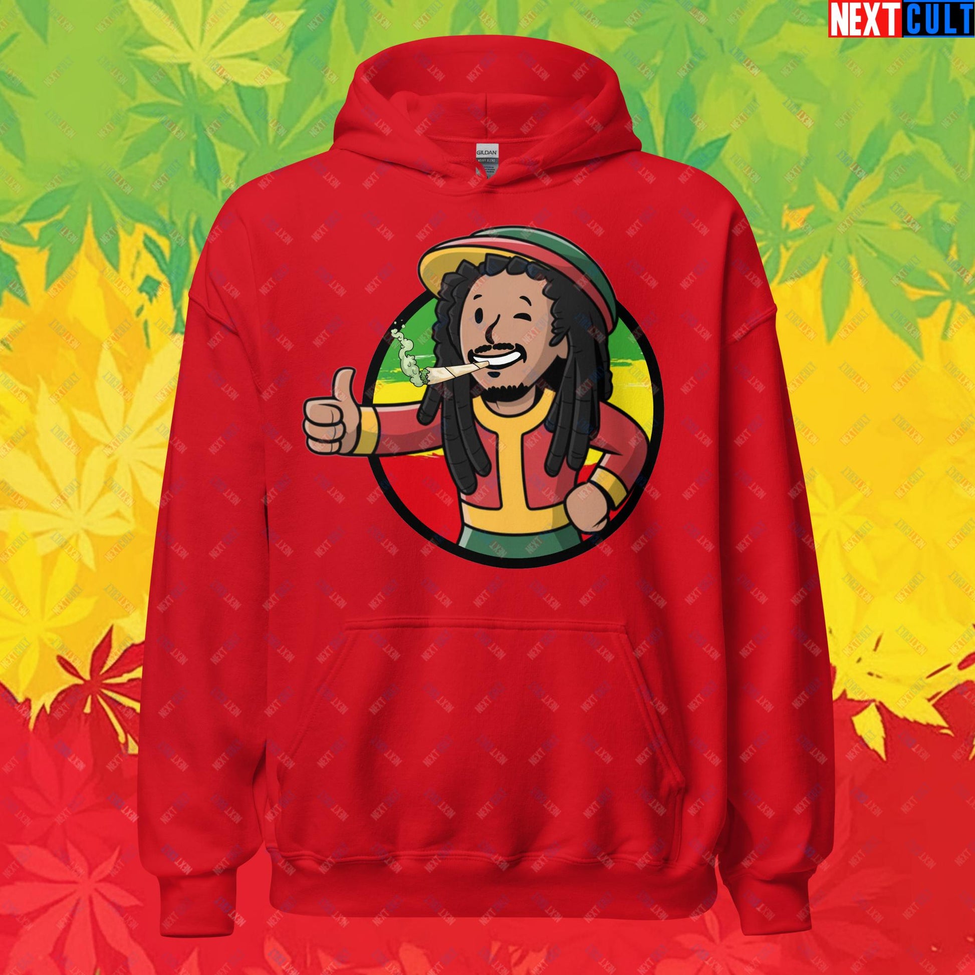 Rasta Boy Bob Marley Reggae Music Vault Boy Fallout Funny Meme Cartoon Mashup Unisex Hoodie Red Hoodies Bob Marley Fallout Music Vault Boy Next Cult Brand