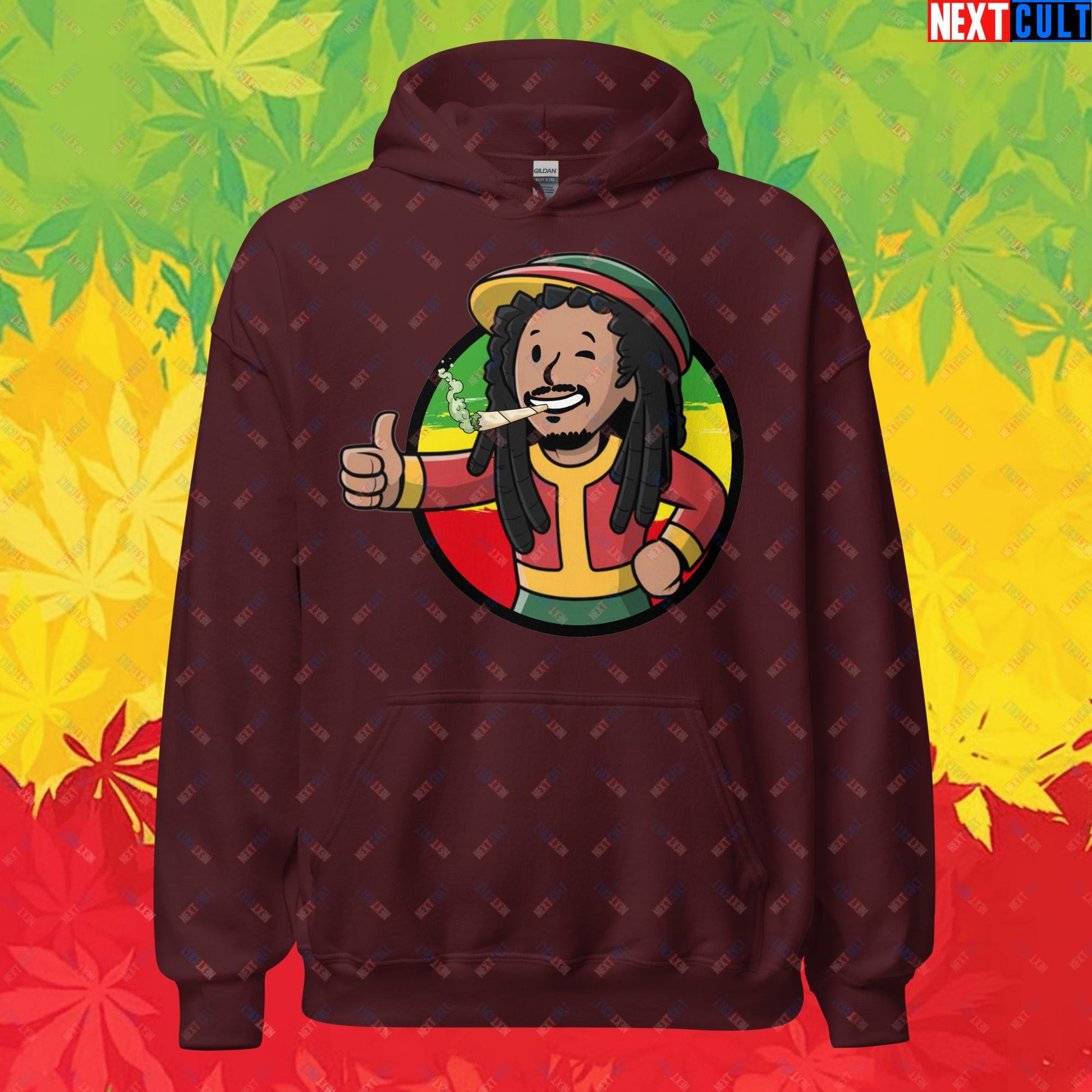 Rasta Boy Bob Marley Reggae Music Vault Boy Fallout Funny Meme Cartoon Mashup Unisex Hoodie Maroon Hoodies Bob Marley Fallout Music Vault Boy Next Cult Brand