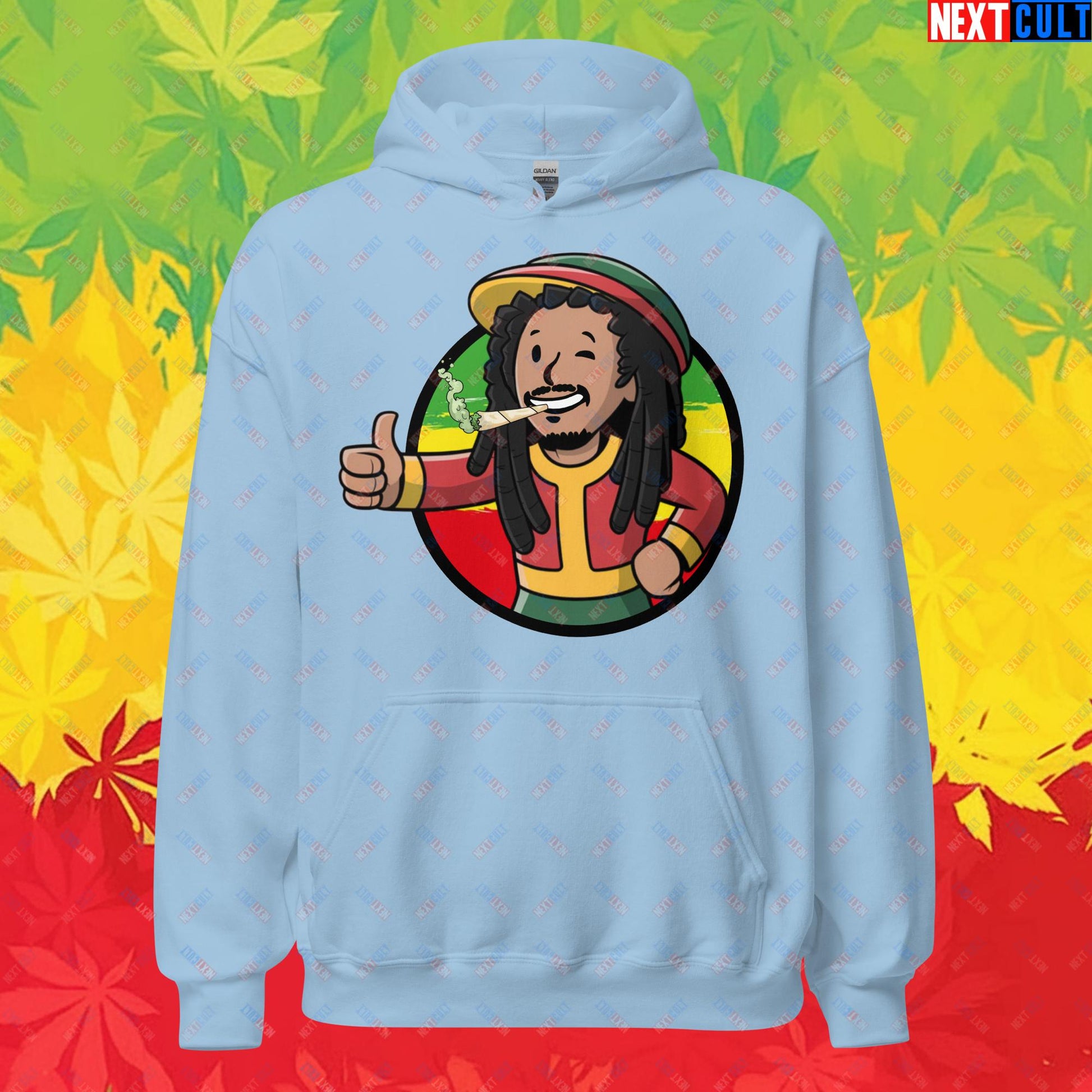 Rasta Boy Bob Marley Reggae Music Vault Boy Fallout Funny Meme Cartoon Mashup Unisex Hoodie Light Blue Hoodies Bob Marley Fallout Music Vault Boy Next Cult Brand