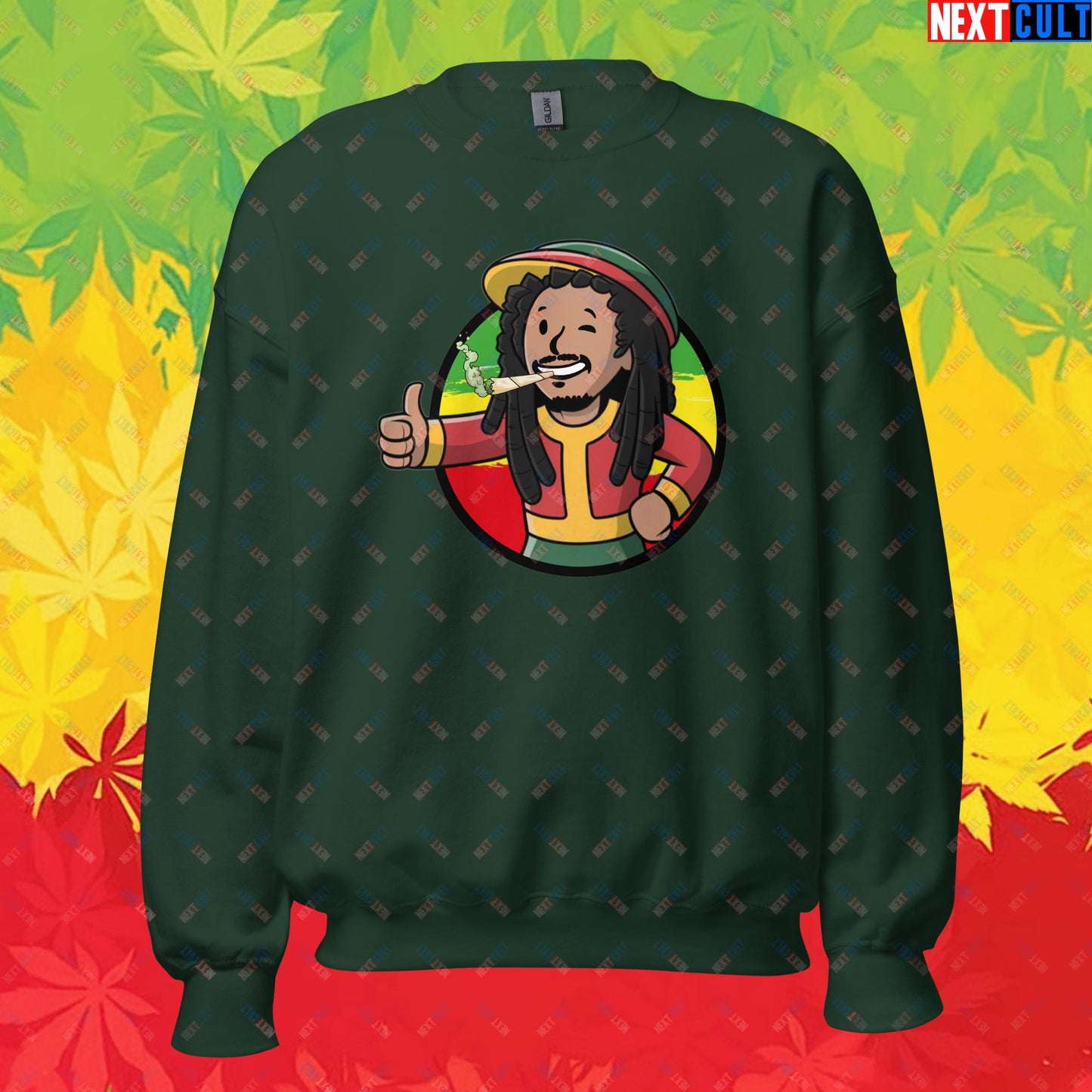 Rasta Boy Bob Marley Reggae Music Vault Boy Fallout Funny Meme Cartoon Mashup Unisex Sweatshirt Forest Green Sweatshirts Bob Marley Fallout Music Vault Boy Next Cult Brand