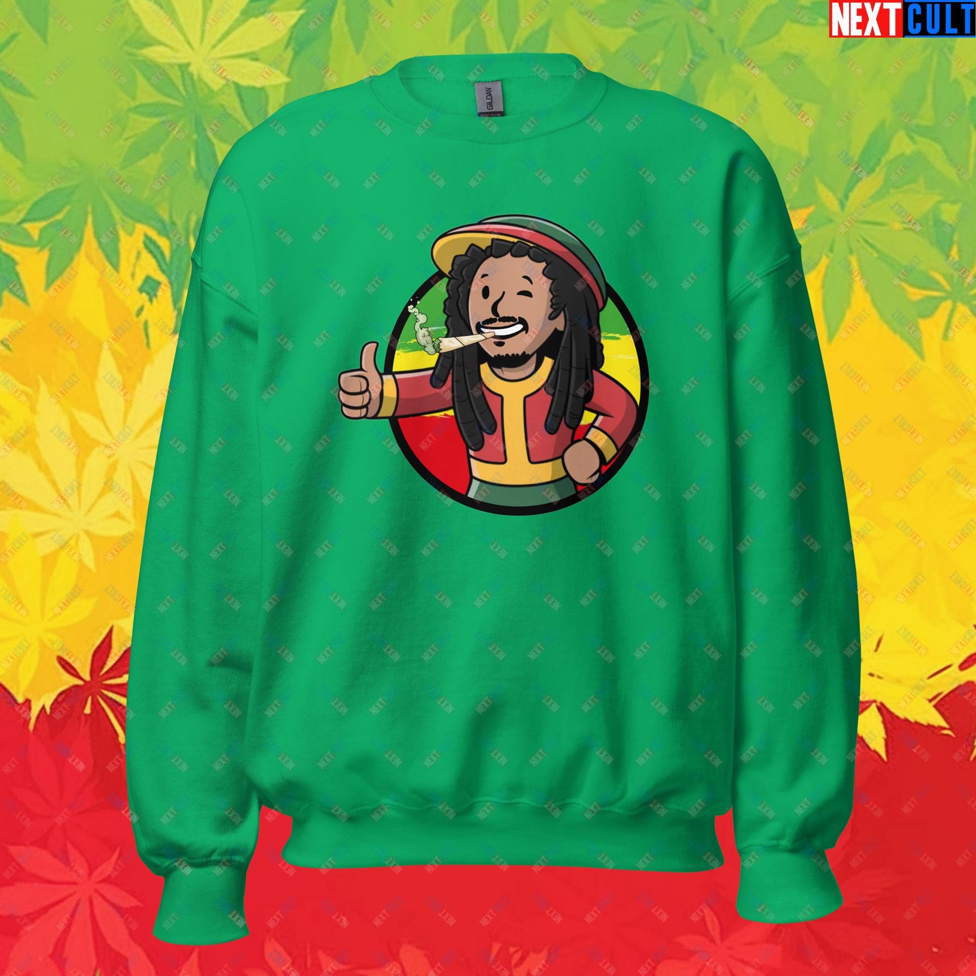 Rasta Boy Bob Marley Reggae Music Vault Boy Fallout Funny Meme Cartoon Mashup Unisex Sweatshirt Irish Green Sweatshirts Bob Marley Fallout Music Vault Boy Next Cult Brand