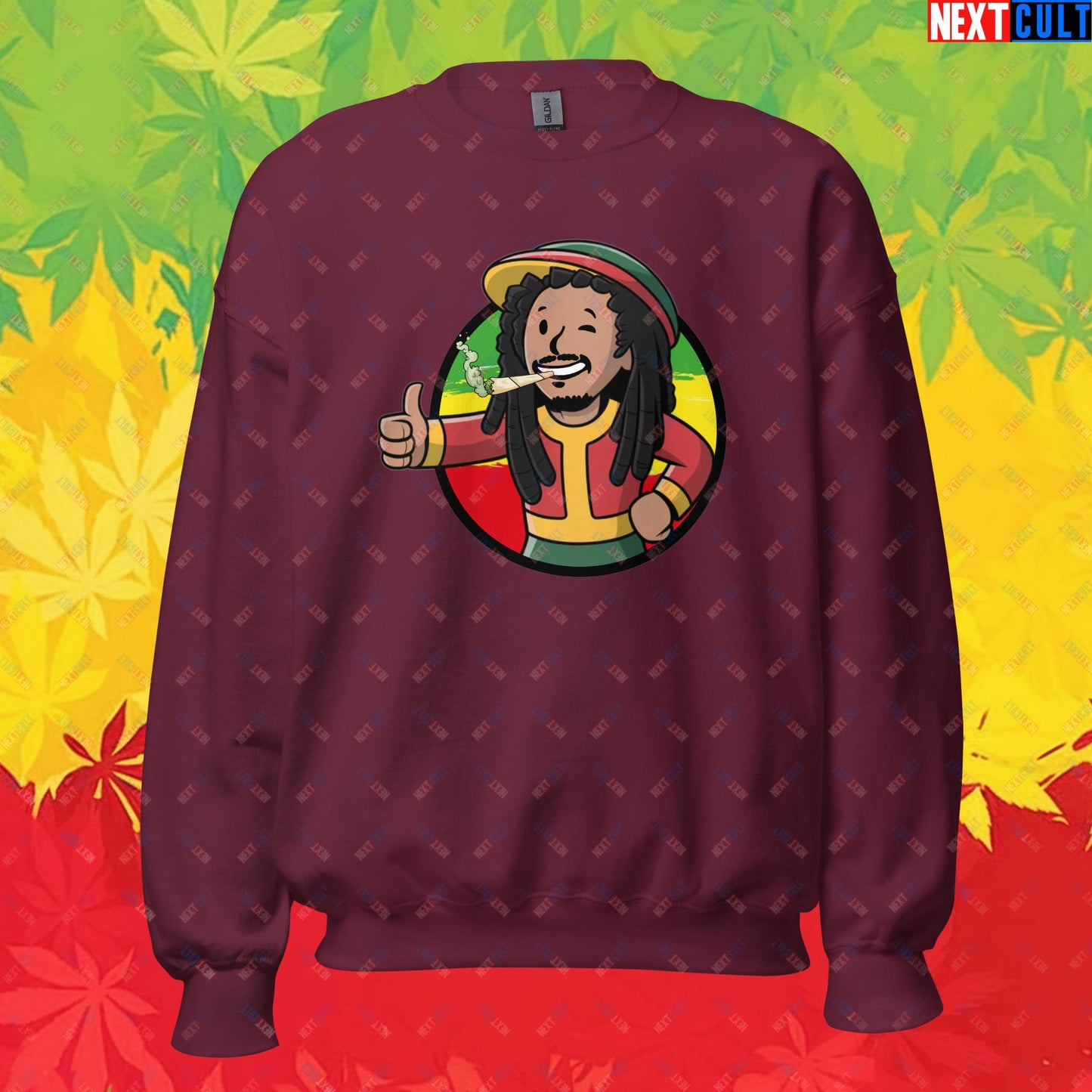 Rasta Boy Bob Marley Reggae Music Vault Boy Fallout Funny Meme Cartoon Mashup Unisex Sweatshirt Maroon Sweatshirts Bob Marley Fallout Music Vault Boy Next Cult Brand