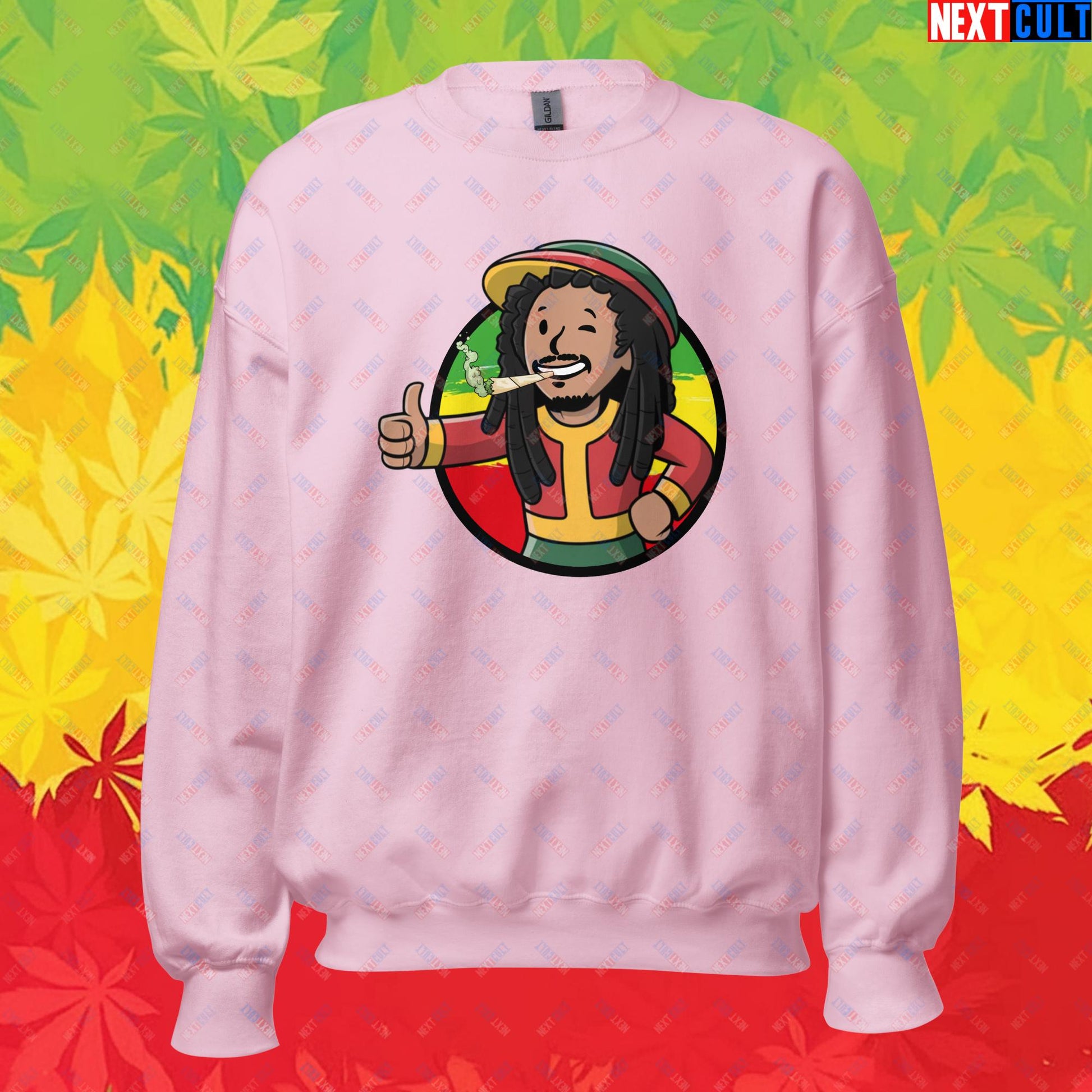 Rasta Boy Bob Marley Reggae Music Vault Boy Fallout Funny Meme Cartoon Mashup Unisex Sweatshirt Light Pink Sweatshirts Bob Marley Fallout Music Vault Boy Next Cult Brand