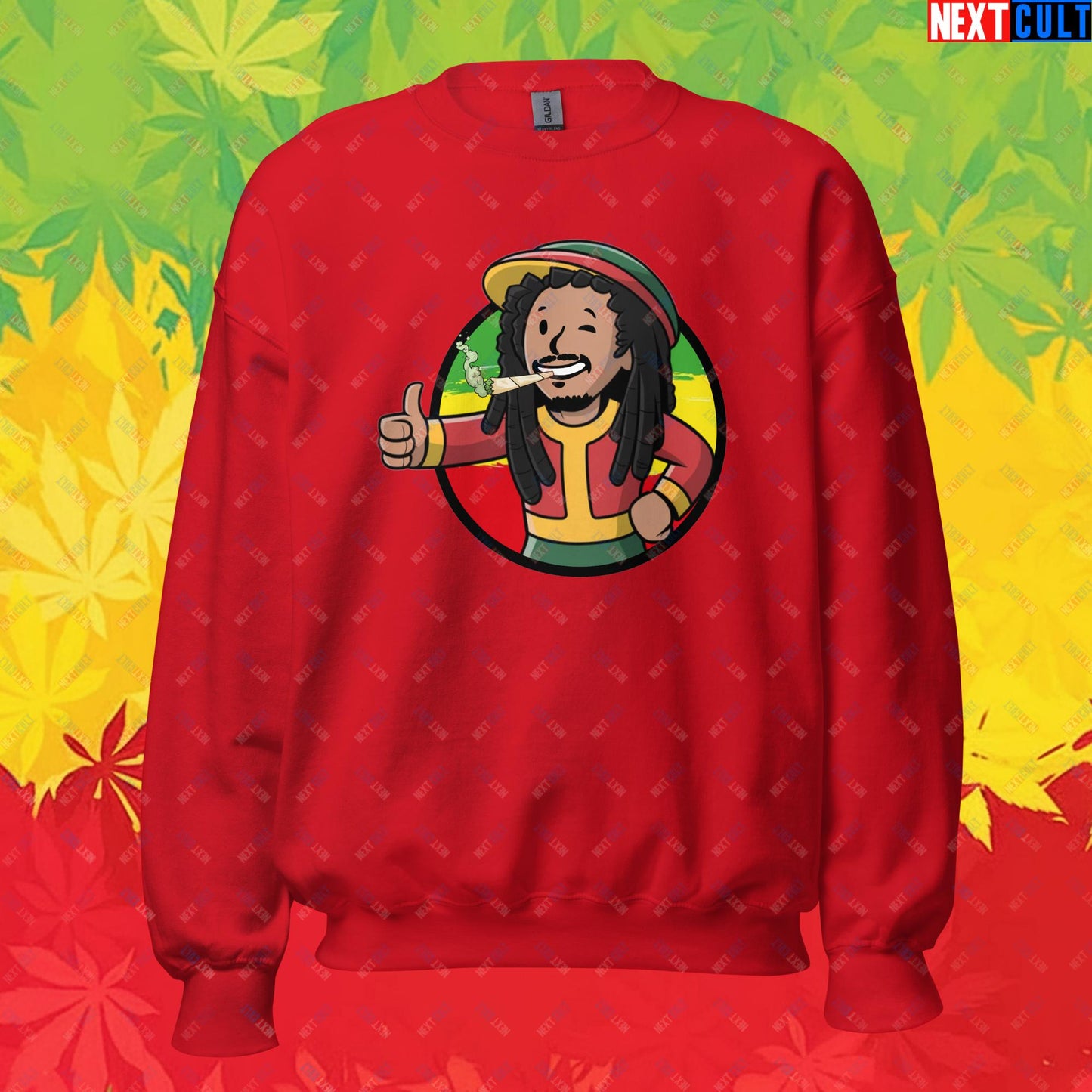 Rasta Boy Bob Marley Reggae Music Vault Boy Fallout Funny Meme Cartoon Mashup Unisex Sweatshirt Red Sweatshirts Bob Marley Fallout Music Vault Boy Next Cult Brand