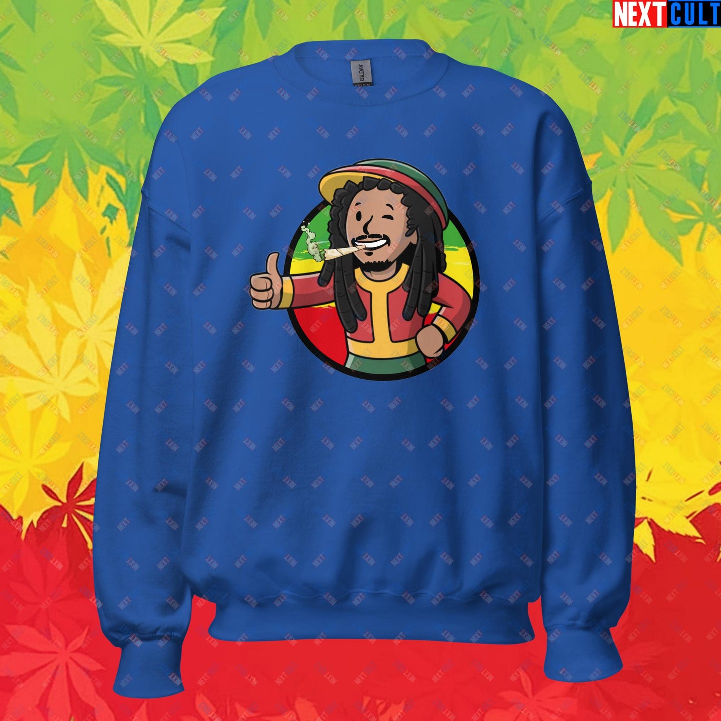 Rasta Boy Bob Marley Reggae Music Vault Boy Fallout Funny Meme Cartoon Mashup Unisex Sweatshirt Royal Sweatshirts Bob Marley Fallout Music Vault Boy Next Cult Brand