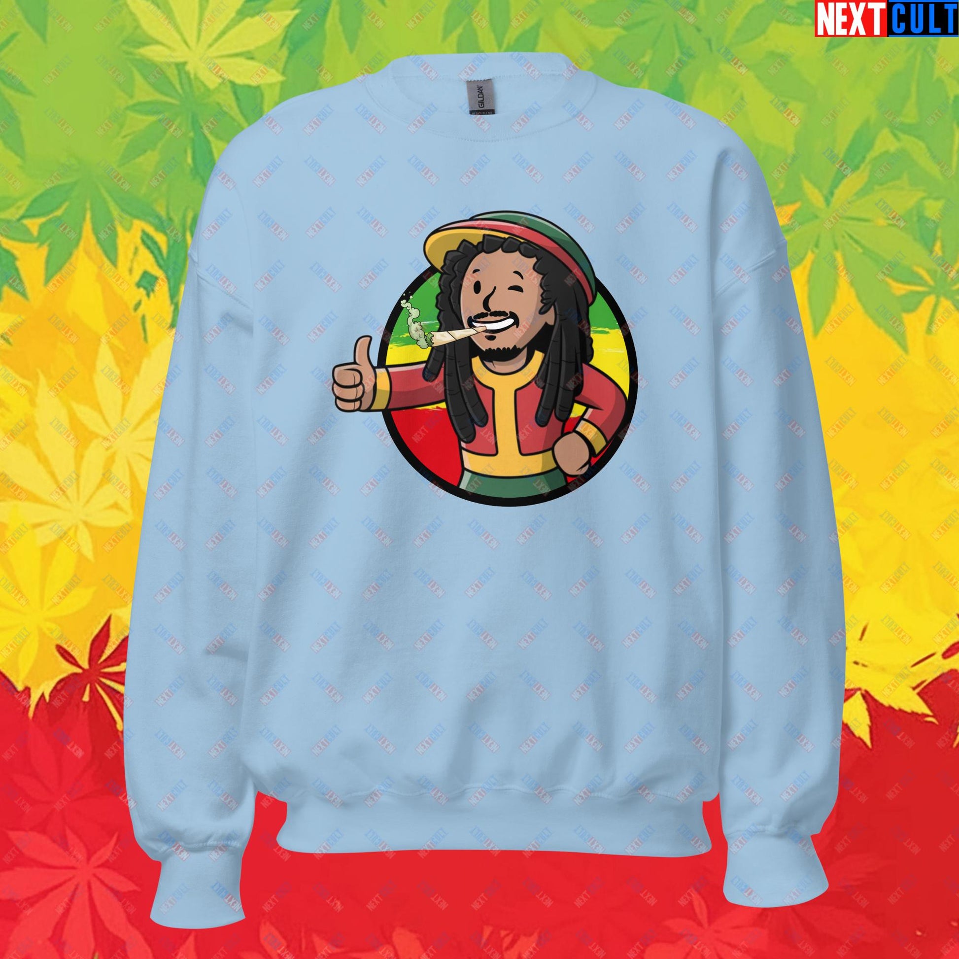 Rasta Boy Bob Marley Reggae Music Vault Boy Fallout Funny Meme Cartoon Mashup Unisex Sweatshirt Light Blue Sweatshirts Bob Marley Fallout Music Vault Boy Next Cult Brand