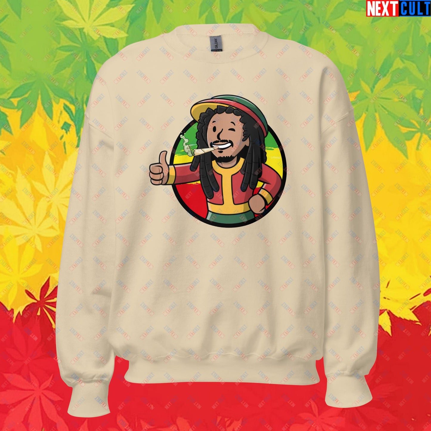 Rasta Boy Bob Marley Reggae Music Vault Boy Fallout Funny Meme Cartoon Mashup Unisex Sweatshirt Sand Sweatshirts Bob Marley Fallout Music Vault Boy Next Cult Brand