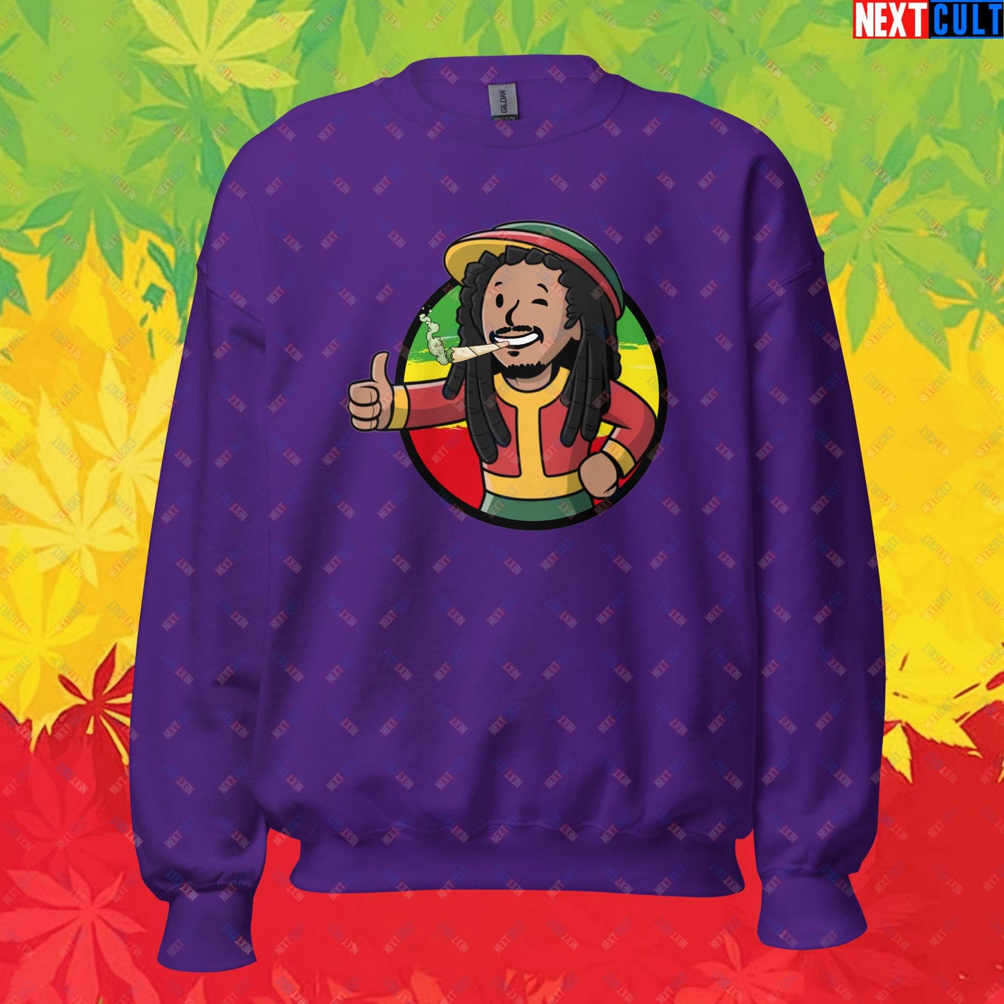 Rasta Boy Bob Marley Reggae Music Vault Boy Fallout Funny Meme Cartoon Mashup Unisex Sweatshirt Purple Sweatshirts Bob Marley Fallout Music Vault Boy Next Cult Brand