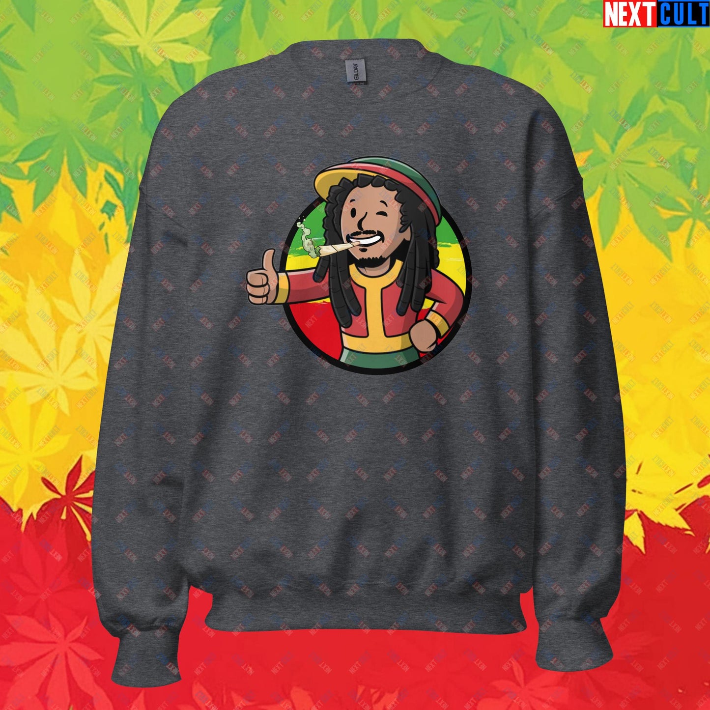 Rasta Boy Bob Marley Reggae Music Vault Boy Fallout Funny Meme Cartoon Mashup Unisex Sweatshirt Dark Heather Sweatshirts Bob Marley Fallout Music Vault Boy Next Cult Brand