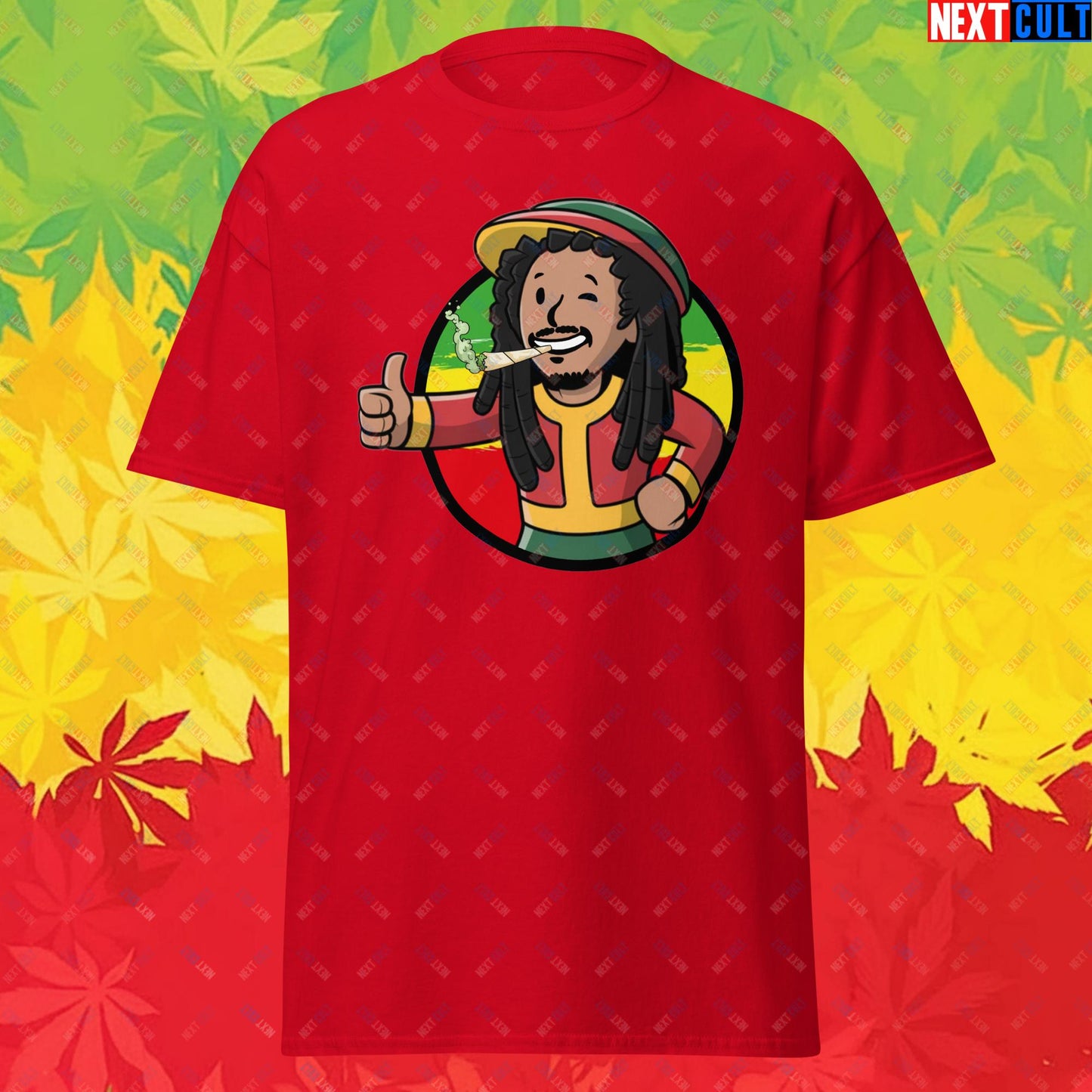 Rasta Boy Bob Marley Reggae Music Vault Boy Fallout Funny Meme Cartoon Mashup Unisex tee Red T-shirts Bob Marley Fallout Music Vault Boy Next Cult Brand