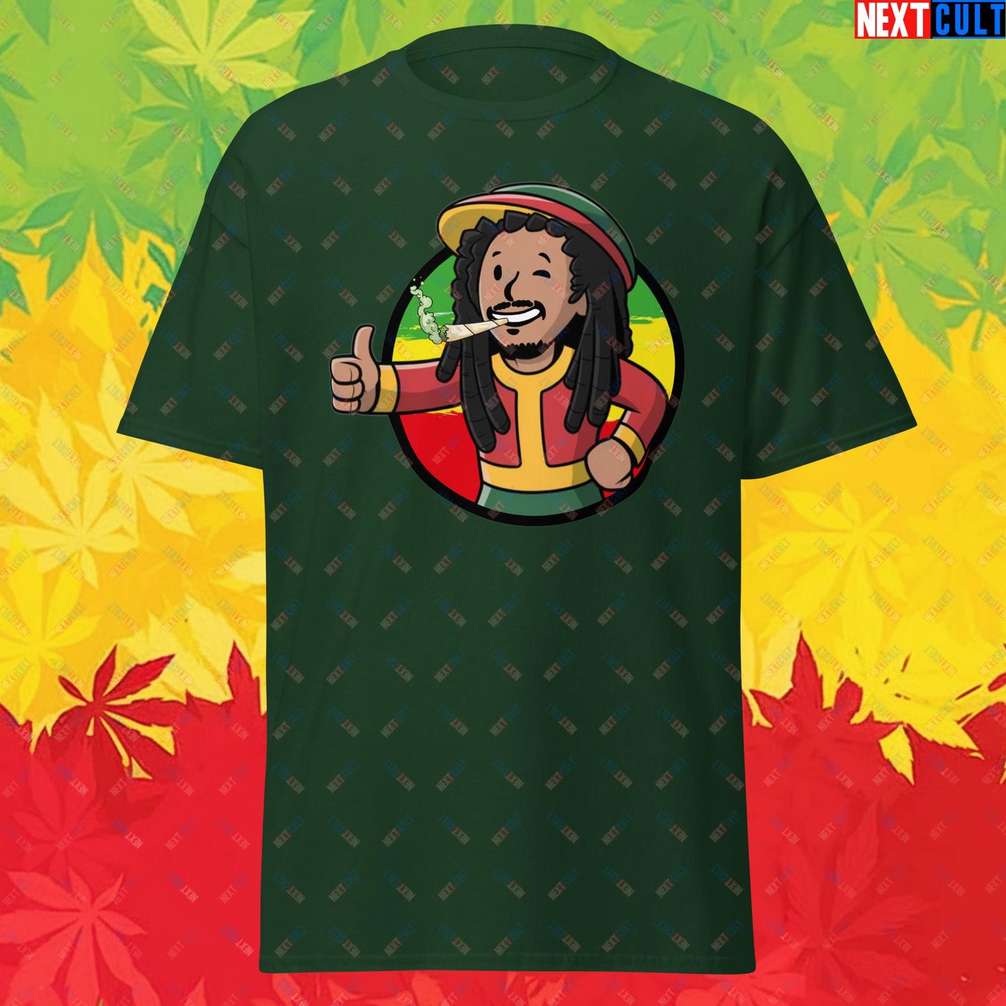 Rasta Boy Bob Marley Reggae Music Vault Boy Fallout Funny Meme Cartoon Mashup Unisex tee Forest Green T-shirts Bob Marley Fallout Music Vault Boy Next Cult Brand