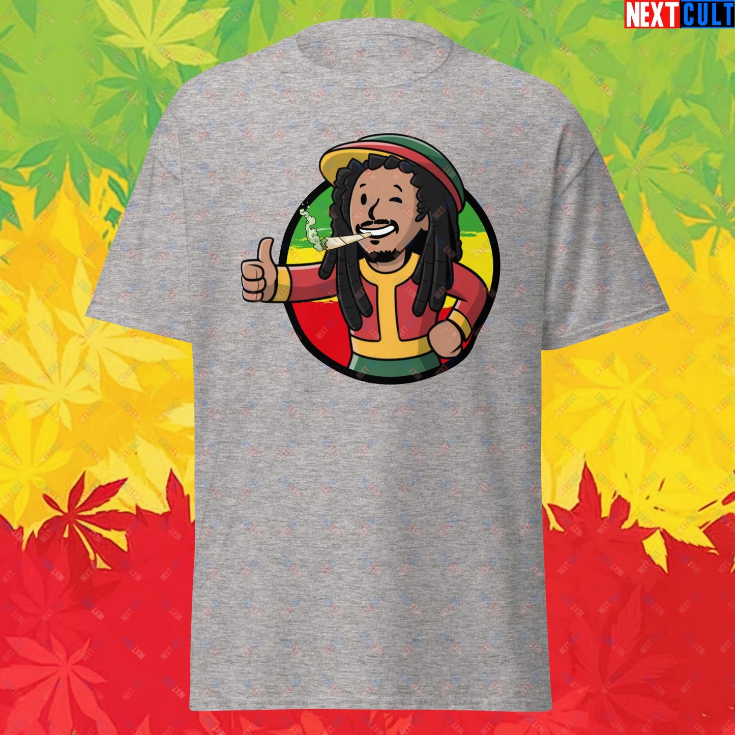 Rasta Boy Bob Marley Reggae Music Vault Boy Fallout Funny Meme Cartoon Mashup Unisex tee Sport Grey T-shirts Bob Marley Fallout Music Vault Boy Next Cult Brand