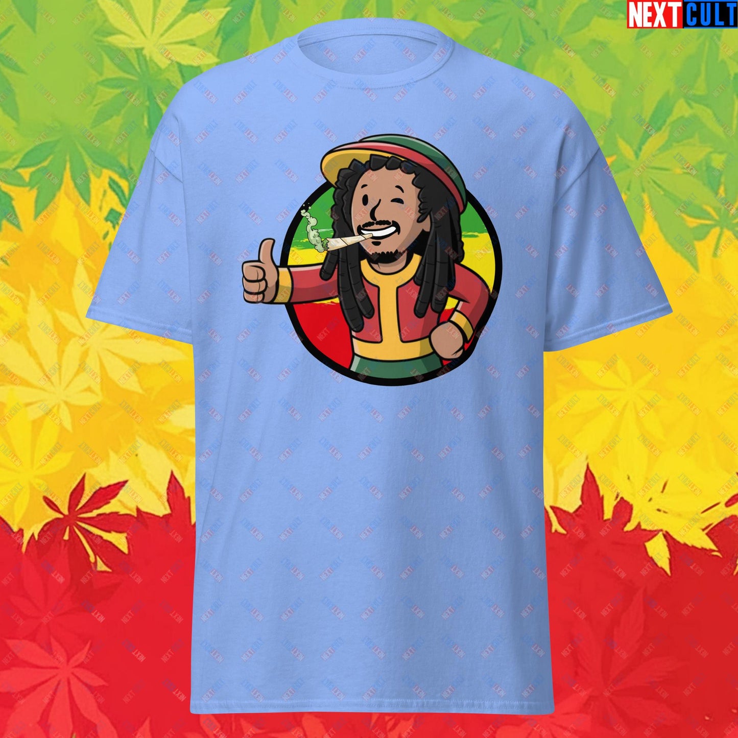 Rasta Boy Bob Marley Reggae Music Vault Boy Fallout Funny Meme Cartoon Mashup Unisex tee Carolina Blue T-shirts Bob Marley Fallout Music Vault Boy Next Cult Brand