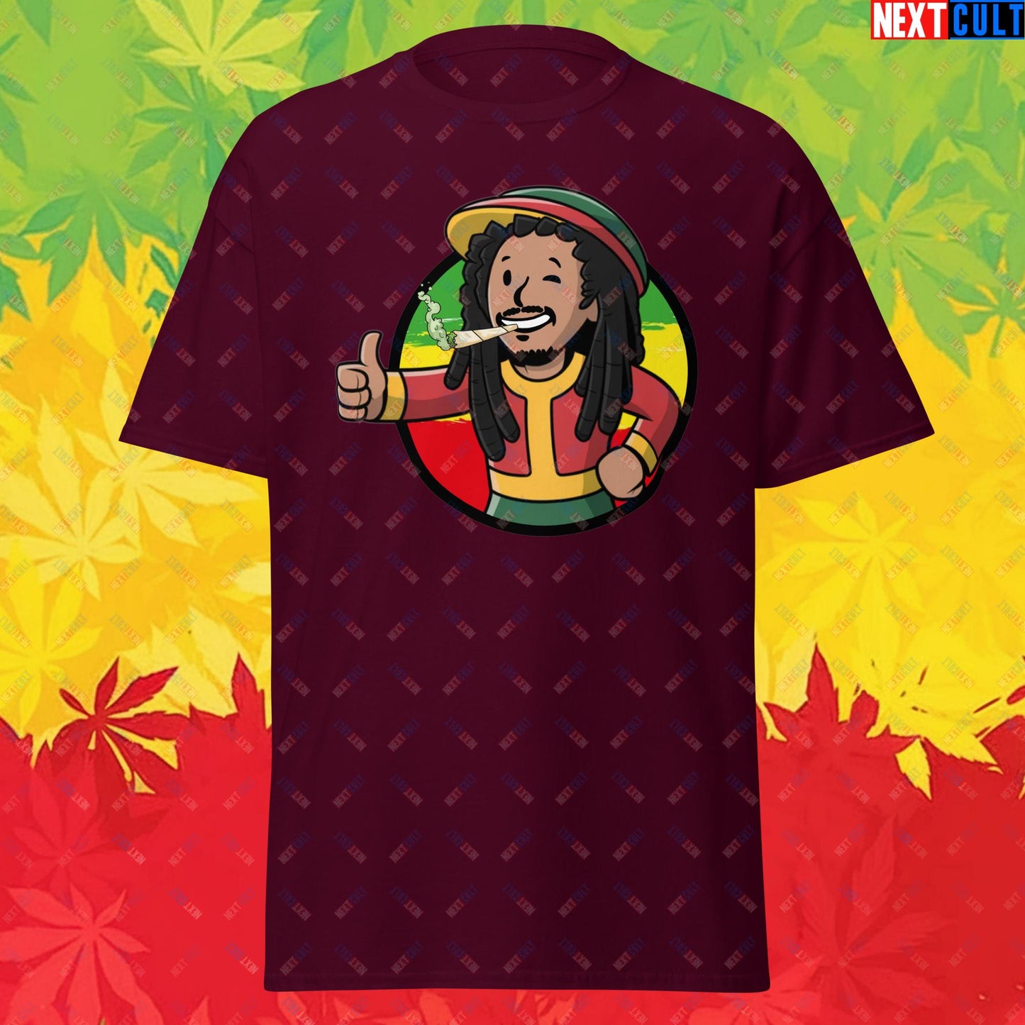 Rasta Boy Bob Marley Reggae Music Vault Boy Fallout Funny Meme Cartoon Mashup Unisex tee Maroon T-shirts Bob Marley Fallout Music Vault Boy Next Cult Brand