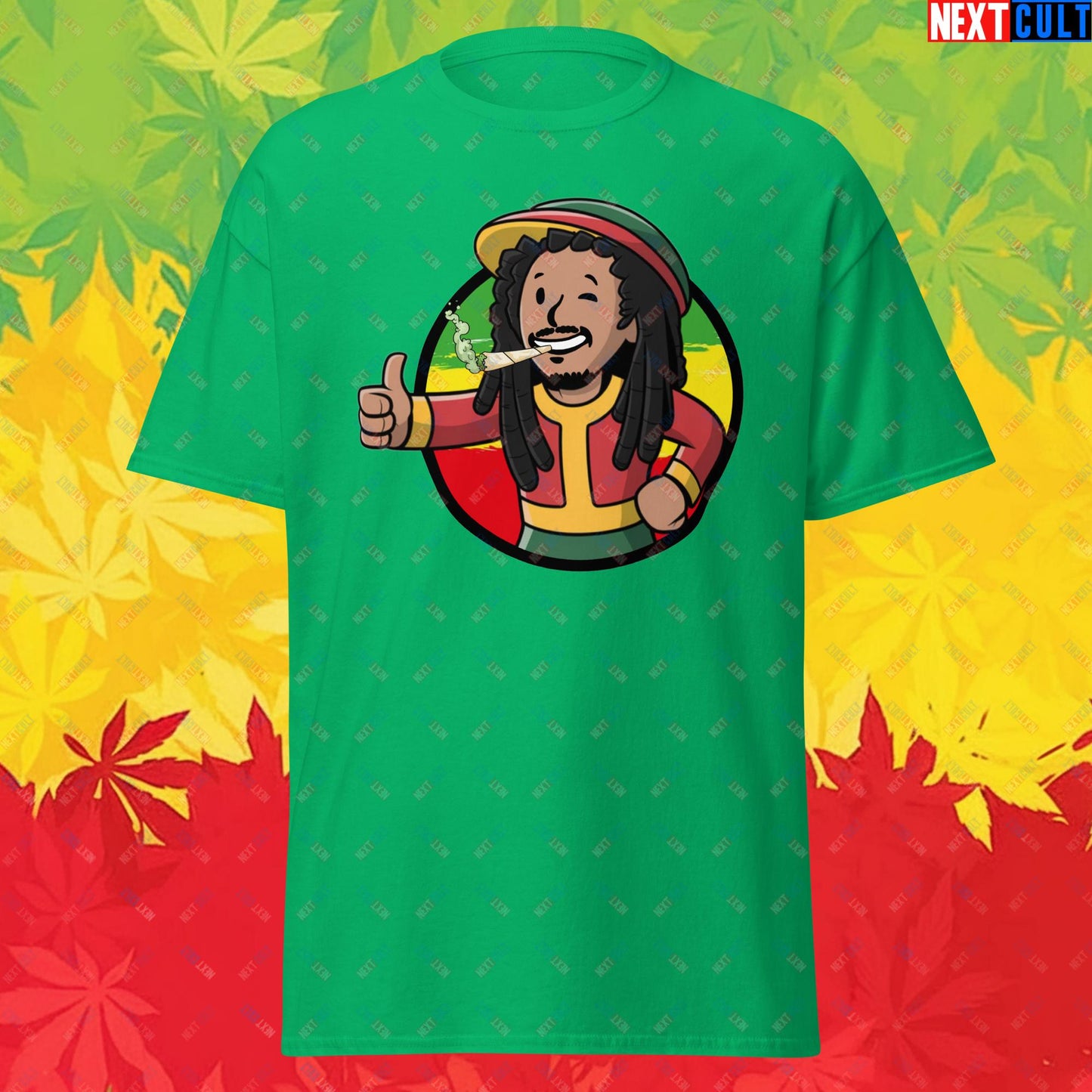 Rasta Boy Bob Marley Reggae Music Vault Boy Fallout Funny Meme Cartoon Mashup Unisex tee Irish Green T-shirts Bob Marley Fallout Music Vault Boy Next Cult Brand