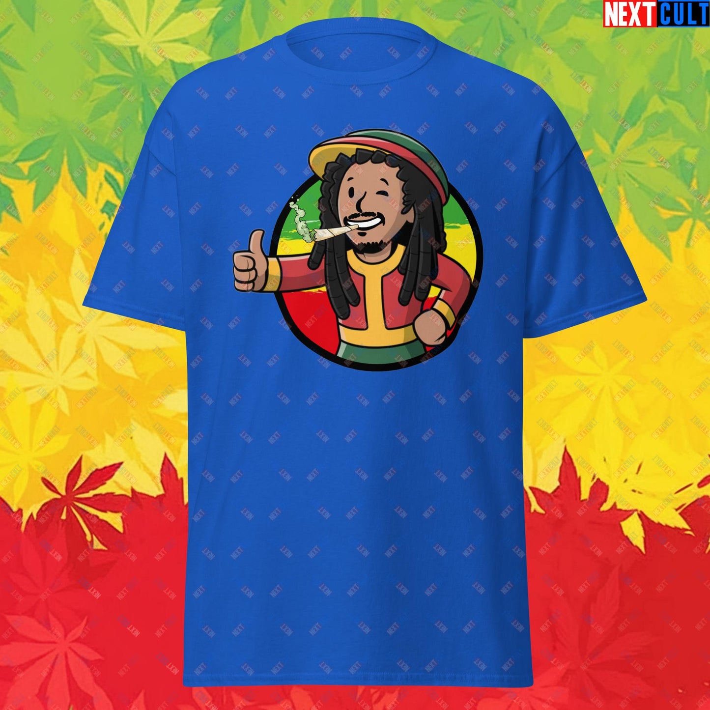 Rasta Boy Bob Marley Reggae Music Vault Boy Fallout Funny Meme Cartoon Mashup Unisex tee Royal T-shirts Bob Marley Fallout Music Vault Boy Next Cult Brand