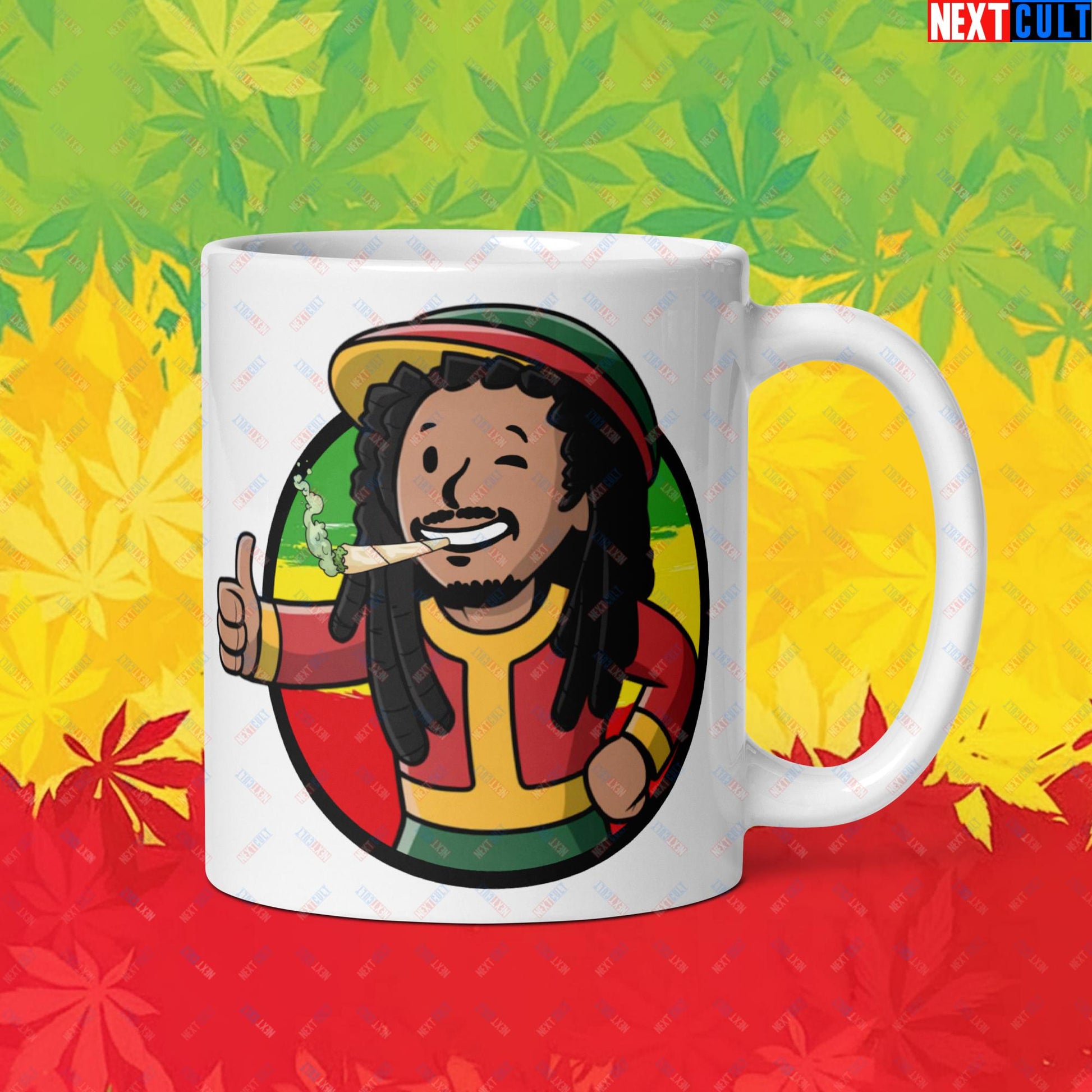 Rasta Boy Bob Marley Reggae Music Vault Boy Fallout Funny Meme Cartoon Mashup White glossy mug Default Title Mugs Bob Marley Fallout Music Vault Boy Next Cult Brand