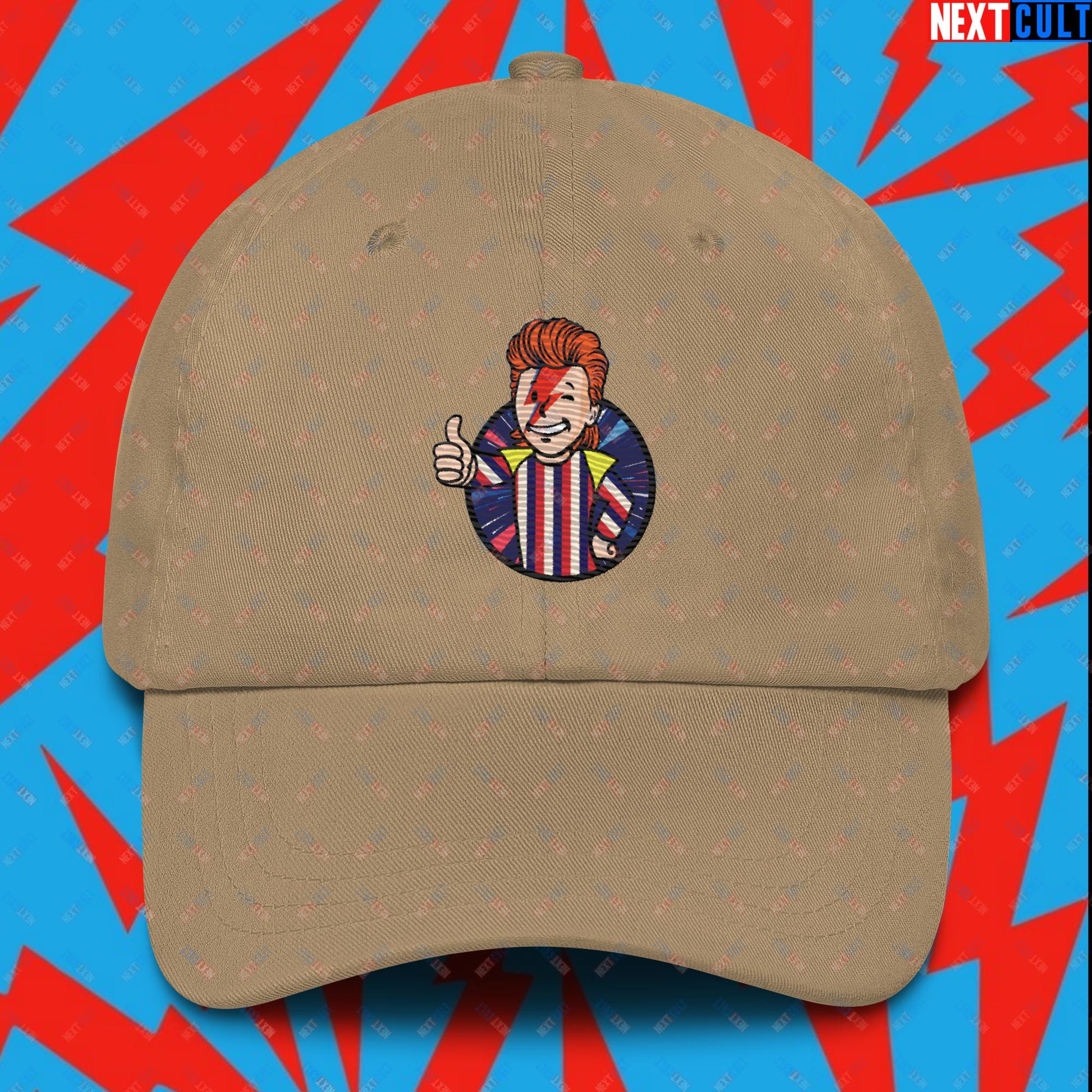 Rebel Boy David Bowie Music Vault Boy Fallout Funny Meme Cartoon Mashup Dad hat Khaki Hats David Bowie Fallout Music Vault Boy Next Cult Brand