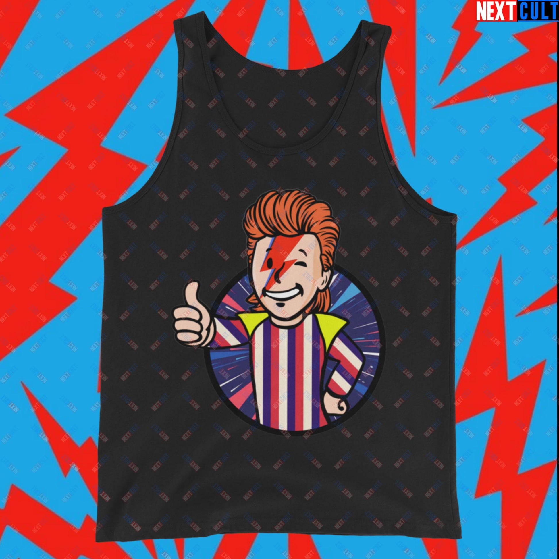 Rebel Boy David Bowie Music Vault Boy Fallout Funny Meme Cartoon Mashup Tank Top Black Tank Tops David Bowie Fallout Music Vault Boy Next Cult Brand