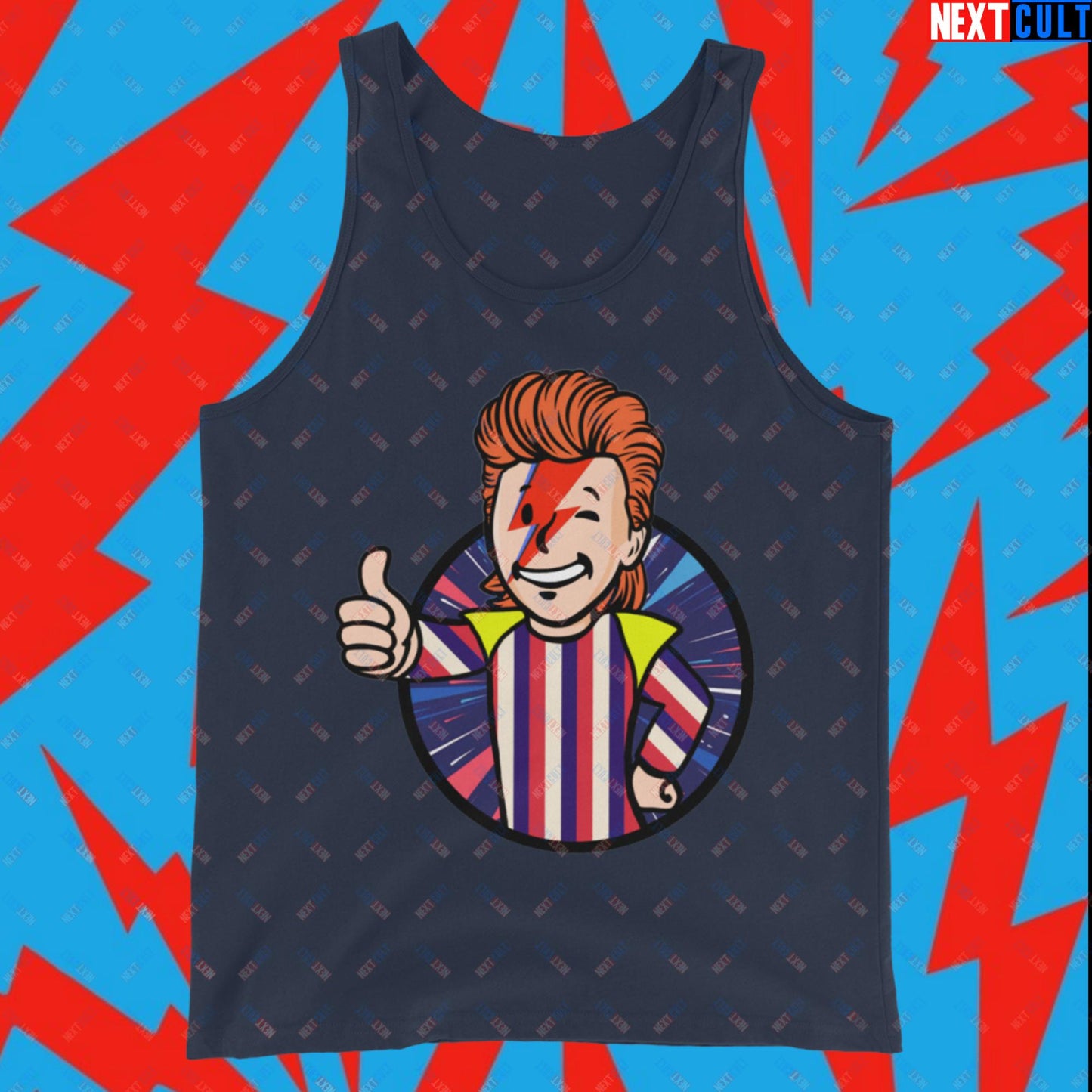 Rebel Boy David Bowie Music Vault Boy Fallout Funny Meme Cartoon Mashup Tank Top Navy Tank Tops David Bowie Fallout Music Vault Boy Next Cult Brand