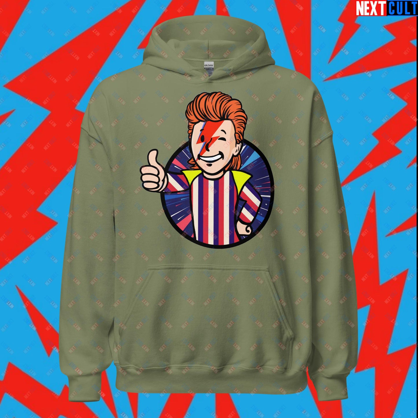 Rebel Boy David Bowie Music Vault Boy Fallout Funny Meme Cartoon Mashup Unisex Hoodie Military Green Hoodies David Bowie Fallout Music Vault Boy Next Cult Brand