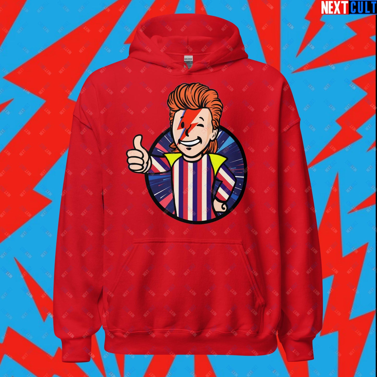 Rebel Boy David Bowie Music Vault Boy Fallout Funny Meme Cartoon Mashup Unisex Hoodie Red Hoodies David Bowie Fallout Music Vault Boy Next Cult Brand