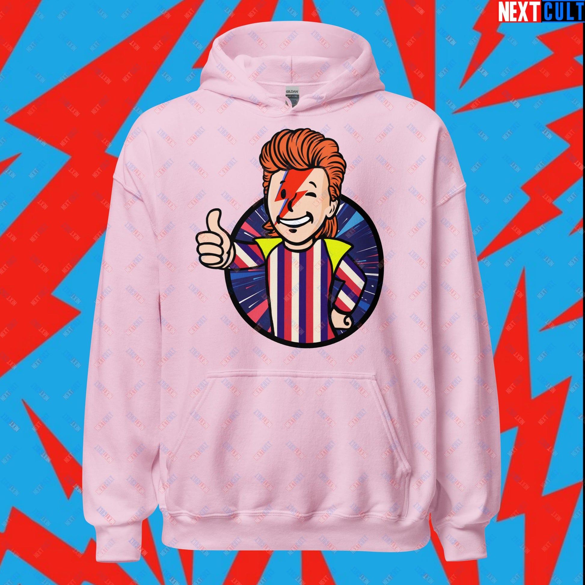 Rebel Boy David Bowie Music Vault Boy Fallout Funny Meme Cartoon Mashup Unisex Hoodie Light Pink Hoodies David Bowie Fallout Music Vault Boy Next Cult Brand